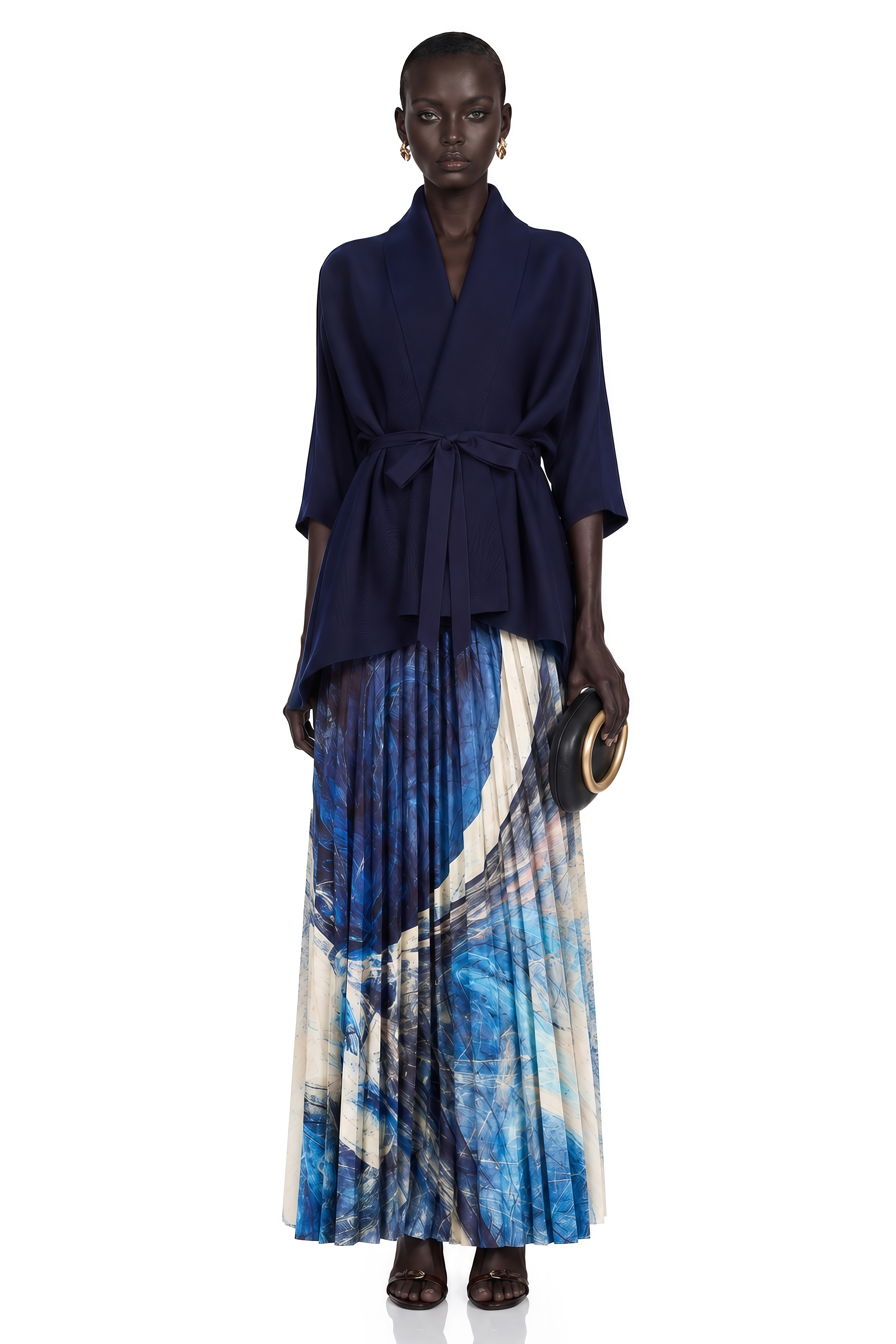 Debbie Blue Pattern-Print Creased Cape & Skirt Matching Set