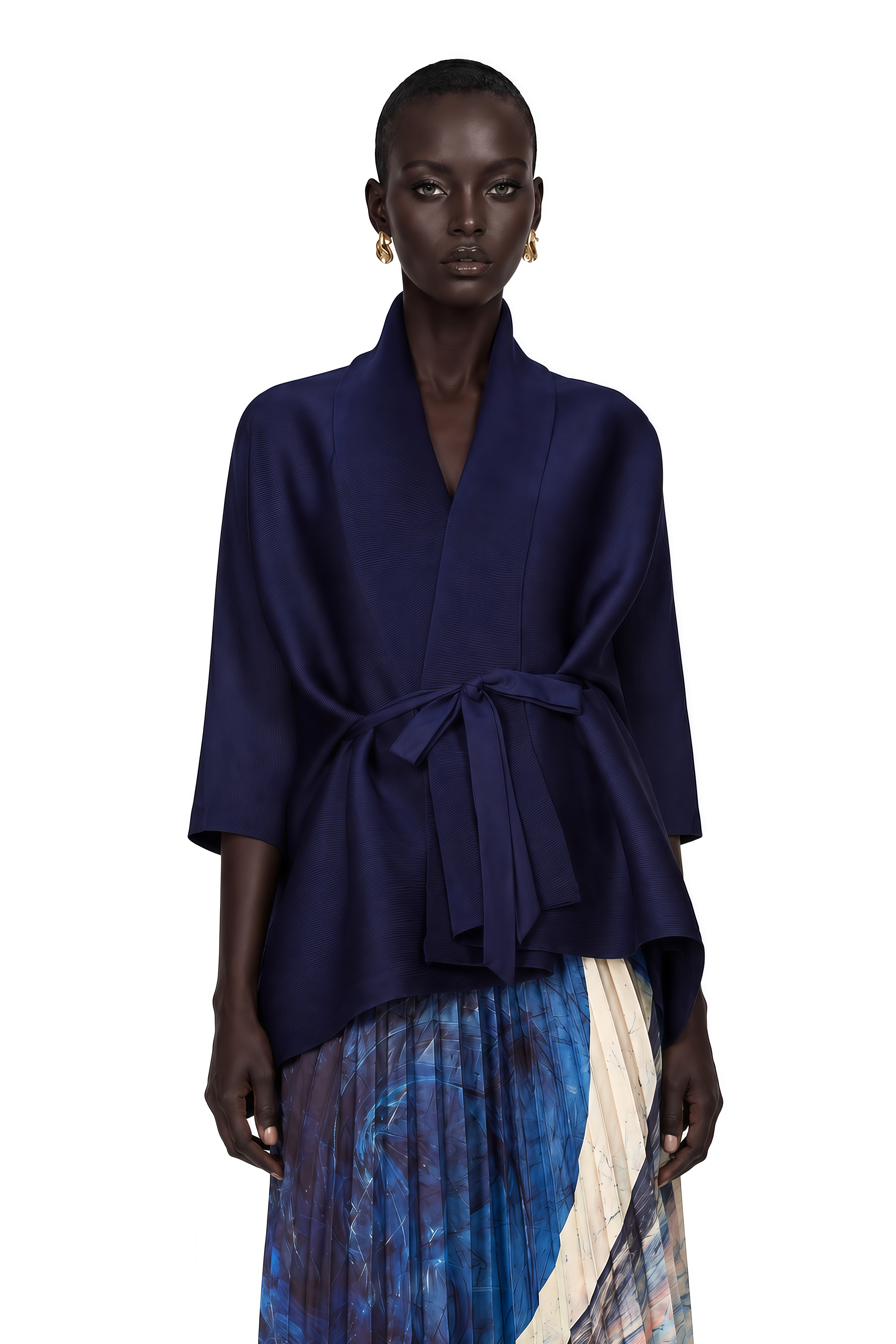 Debbie Blue Pattern-Print Creased Cape & Skirt Matching Set