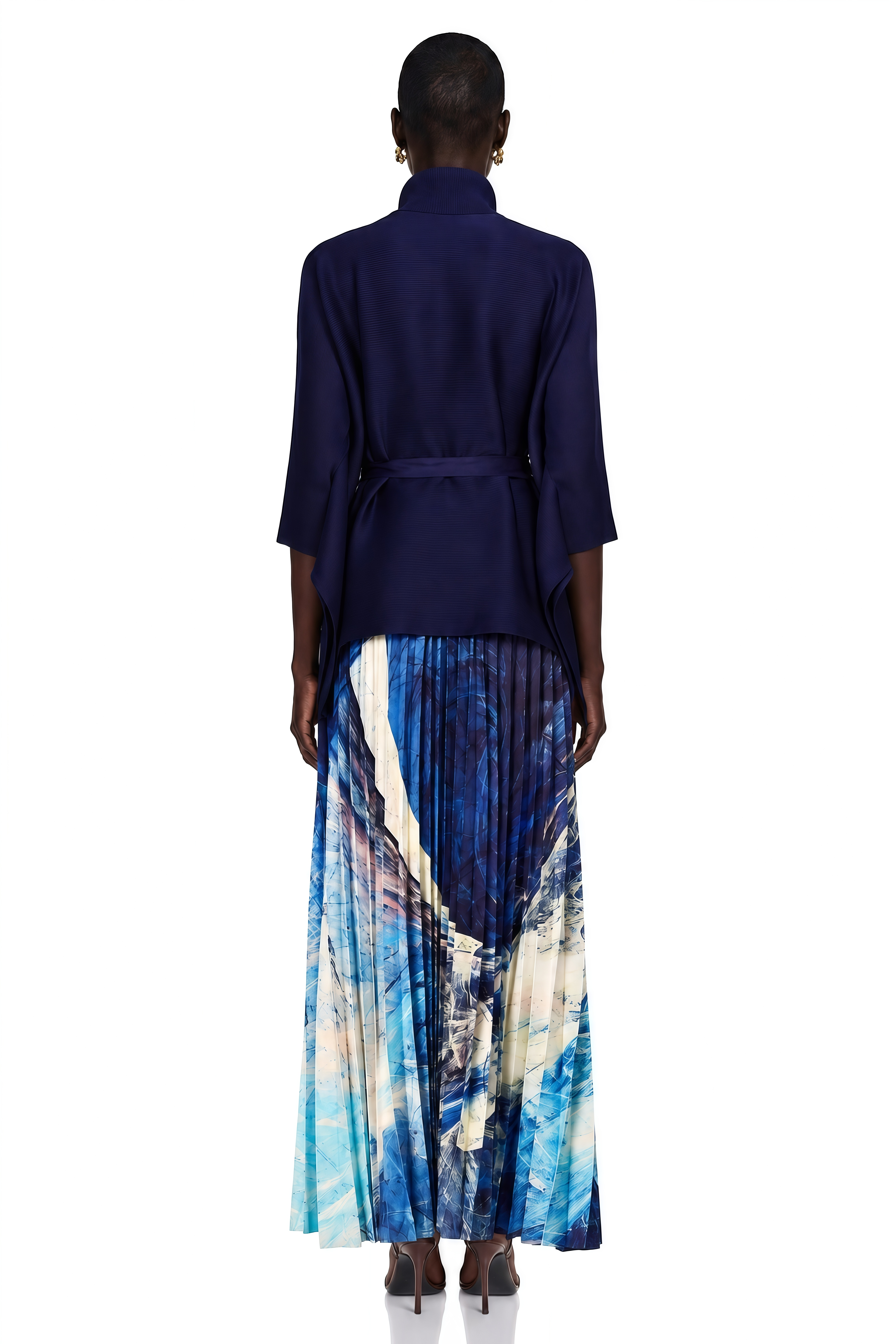Debbie Blue Pattern-Print Creased Cape & Skirt Matching Set