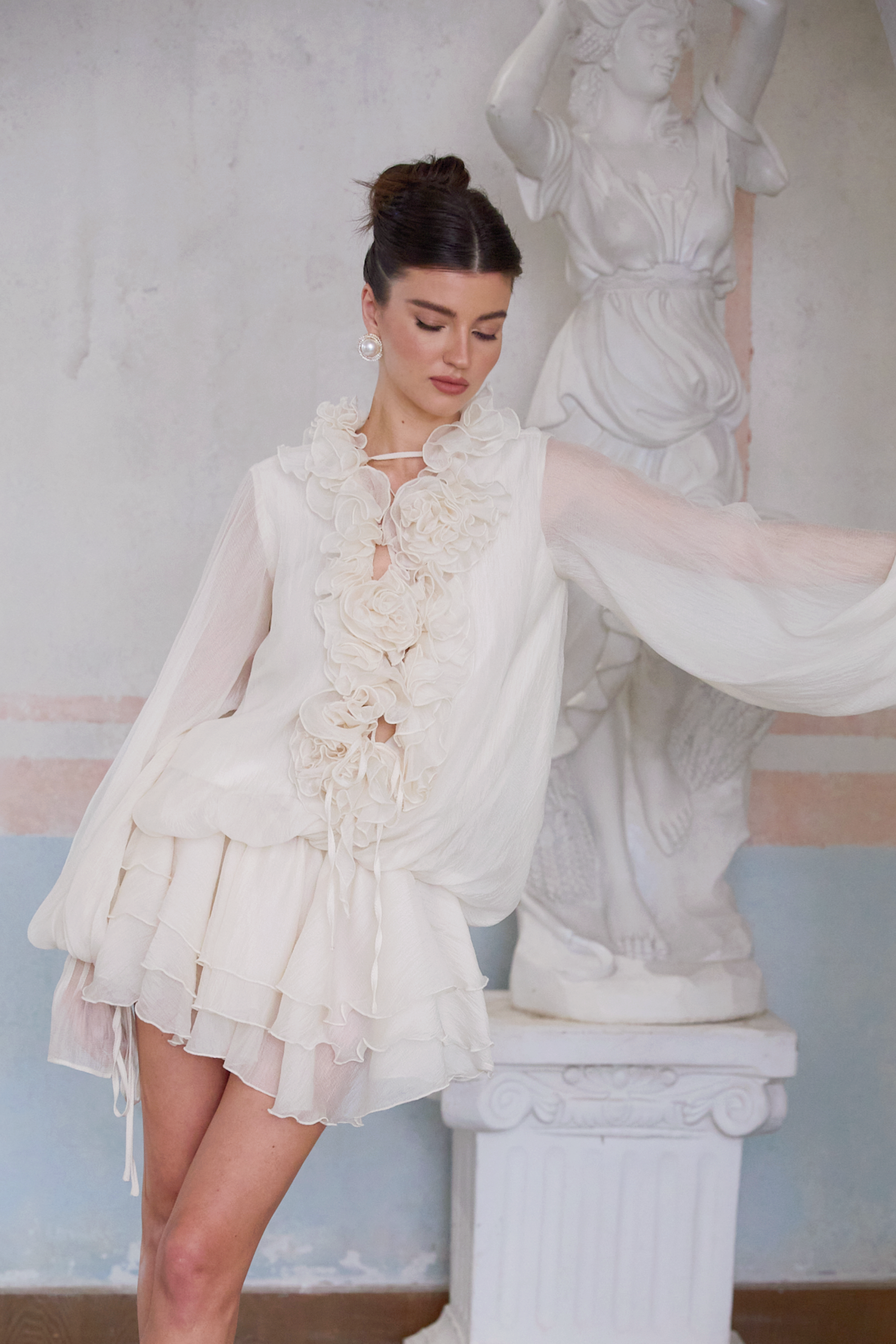Zéphyrine Floral-Appliqué Tiered Mini Dress in Neutrals