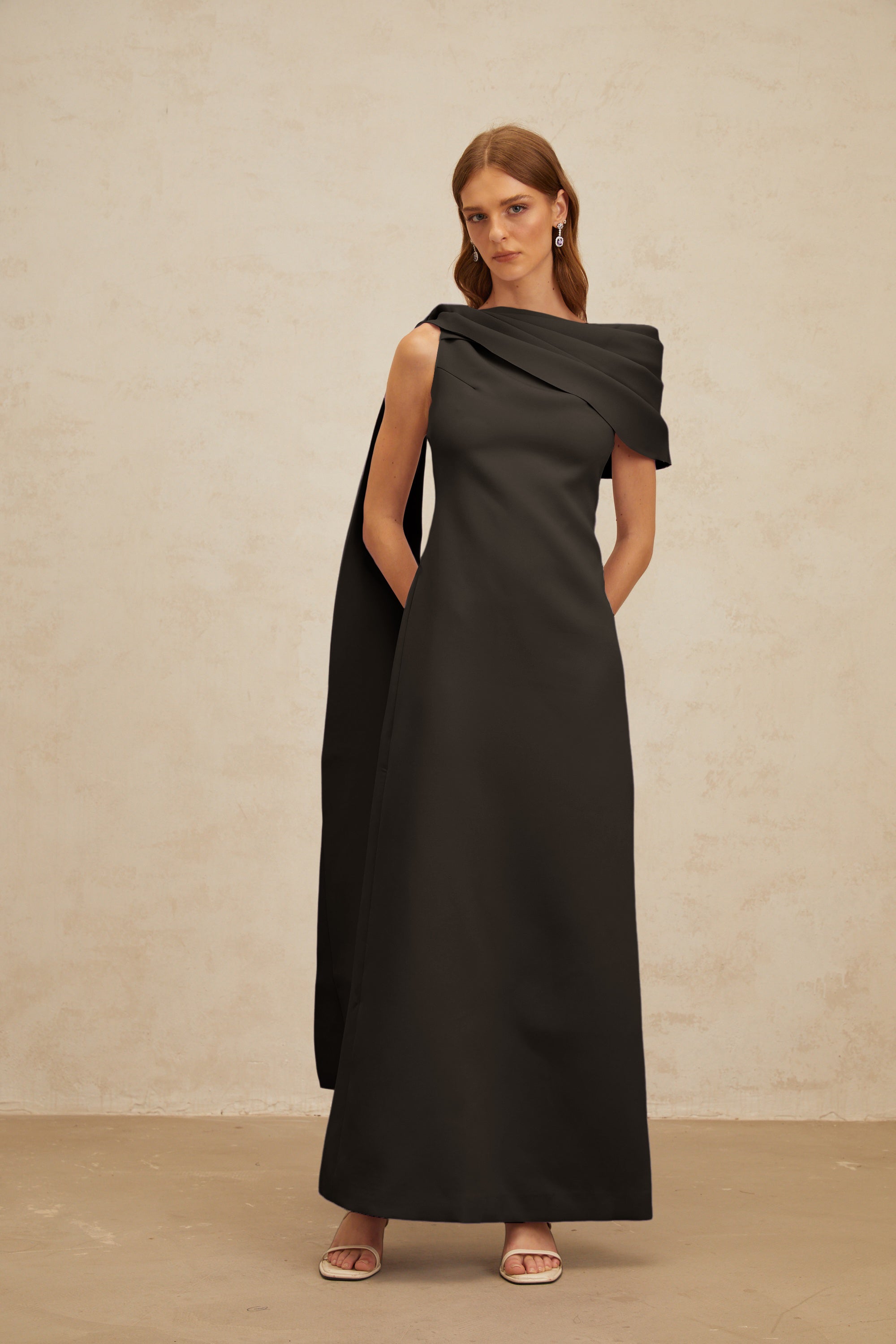 Annabelle Black Cape-Design Ribbon Maxi Dress (Final Sale)