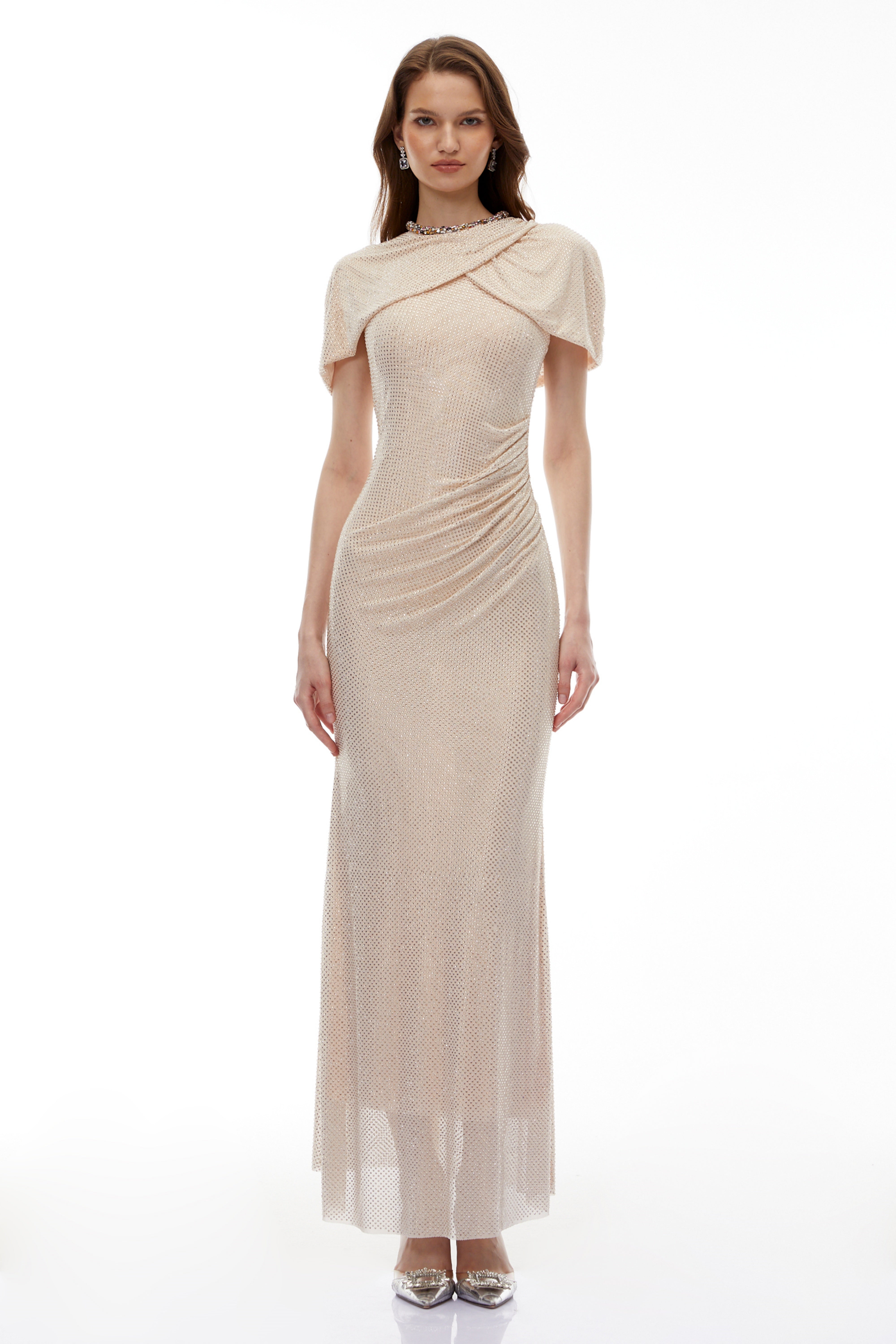 Abigail Champagne Cape Sleeve Rhinestone Maxi Dress (Final Sale-US Only)