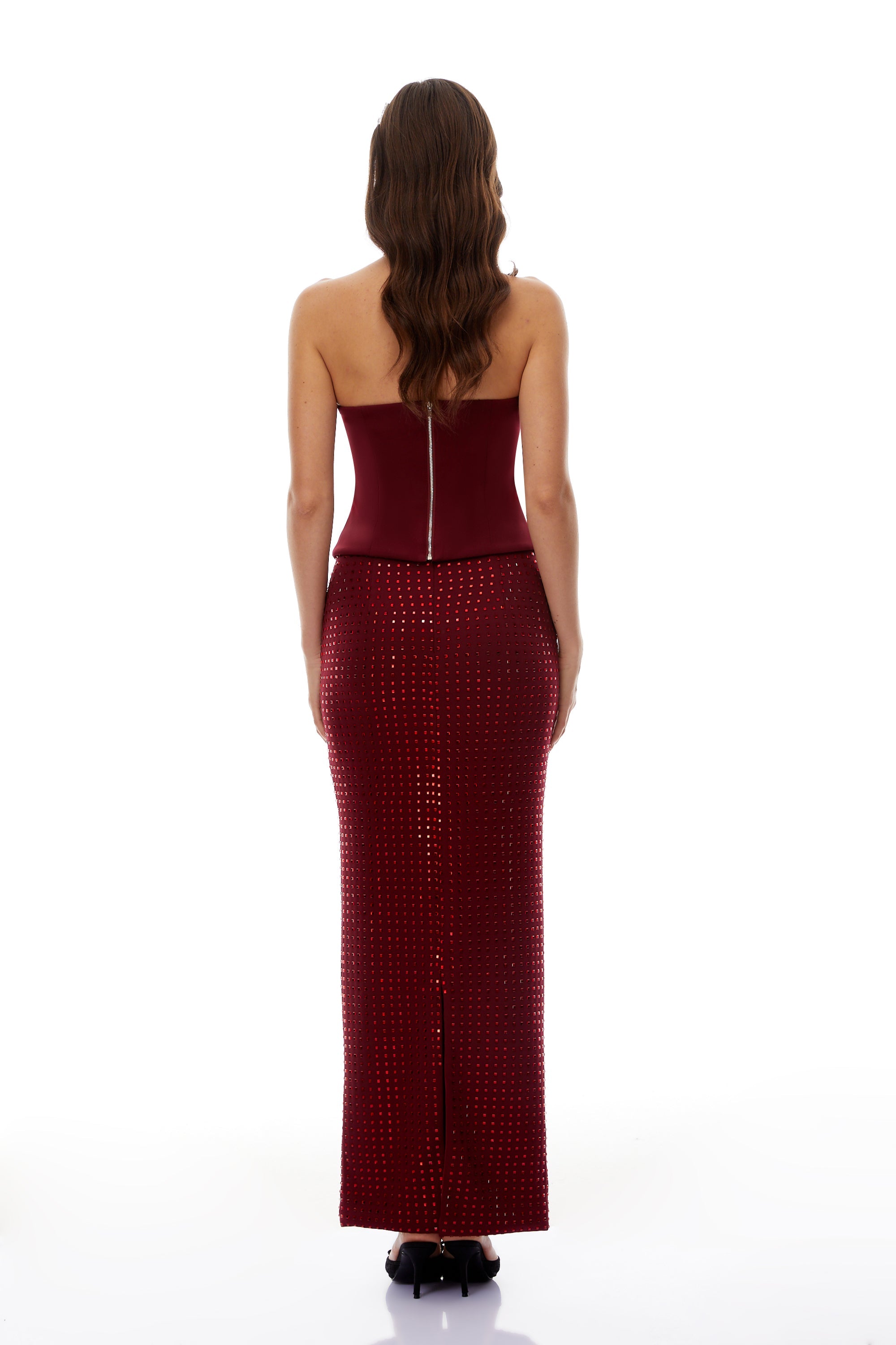 Agoney Red Rhinestone Embellished Top & Skirt Set