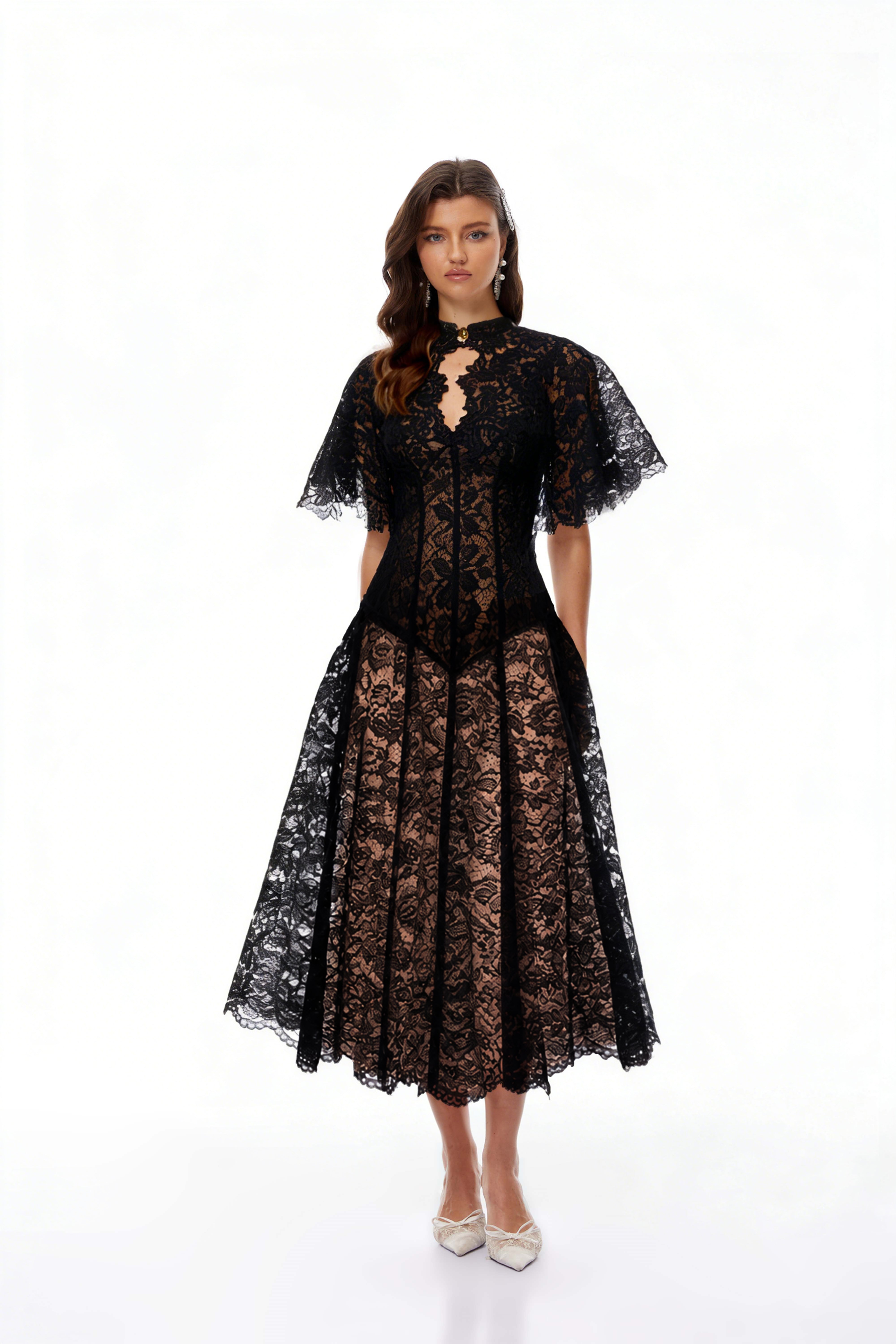Black lace midi dress with a keyhole neckline and a flared skirt over a nude lining
