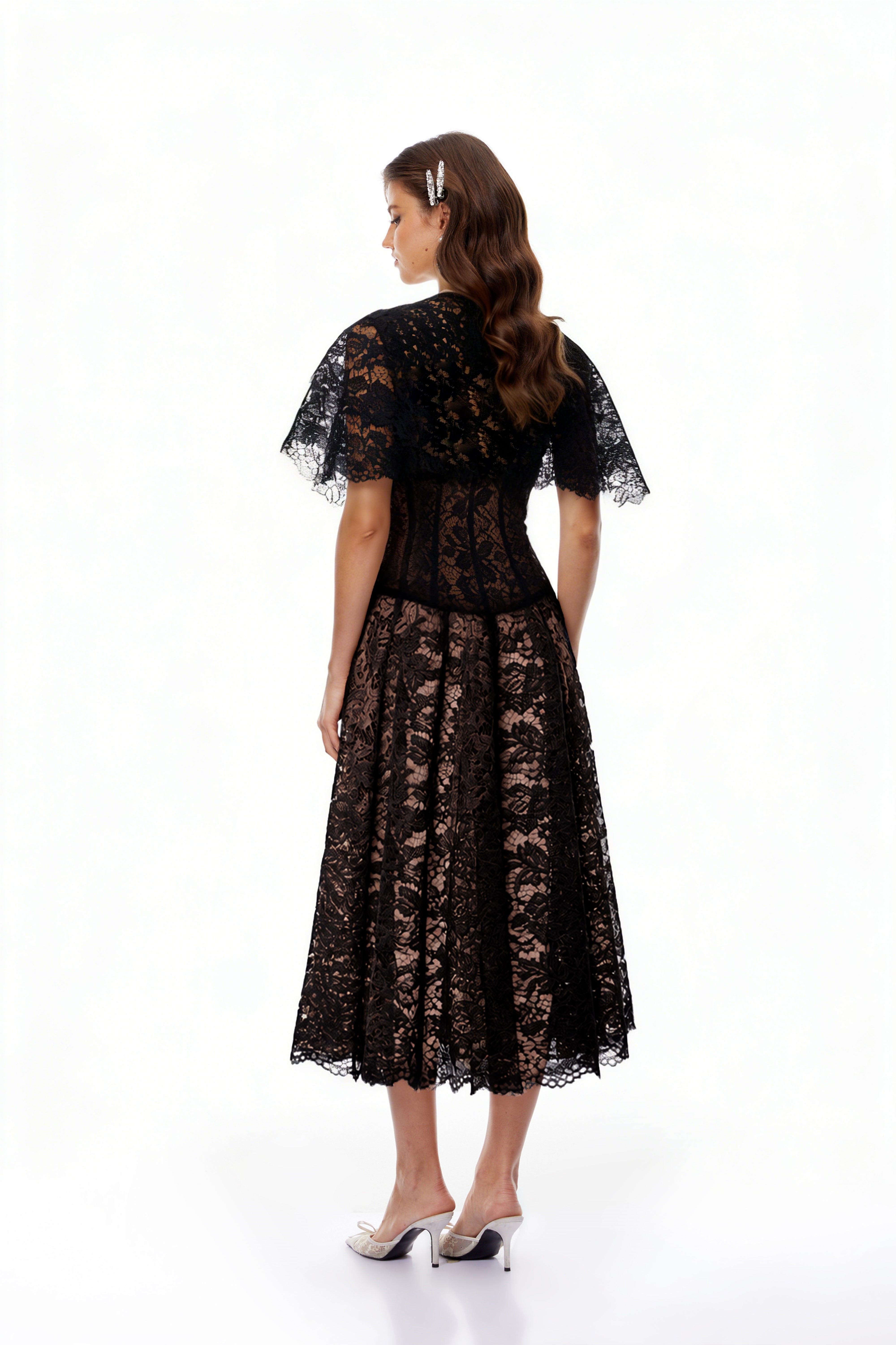 Alaia Black Cape Design Floral Lace Midi Dress (Final Sale)