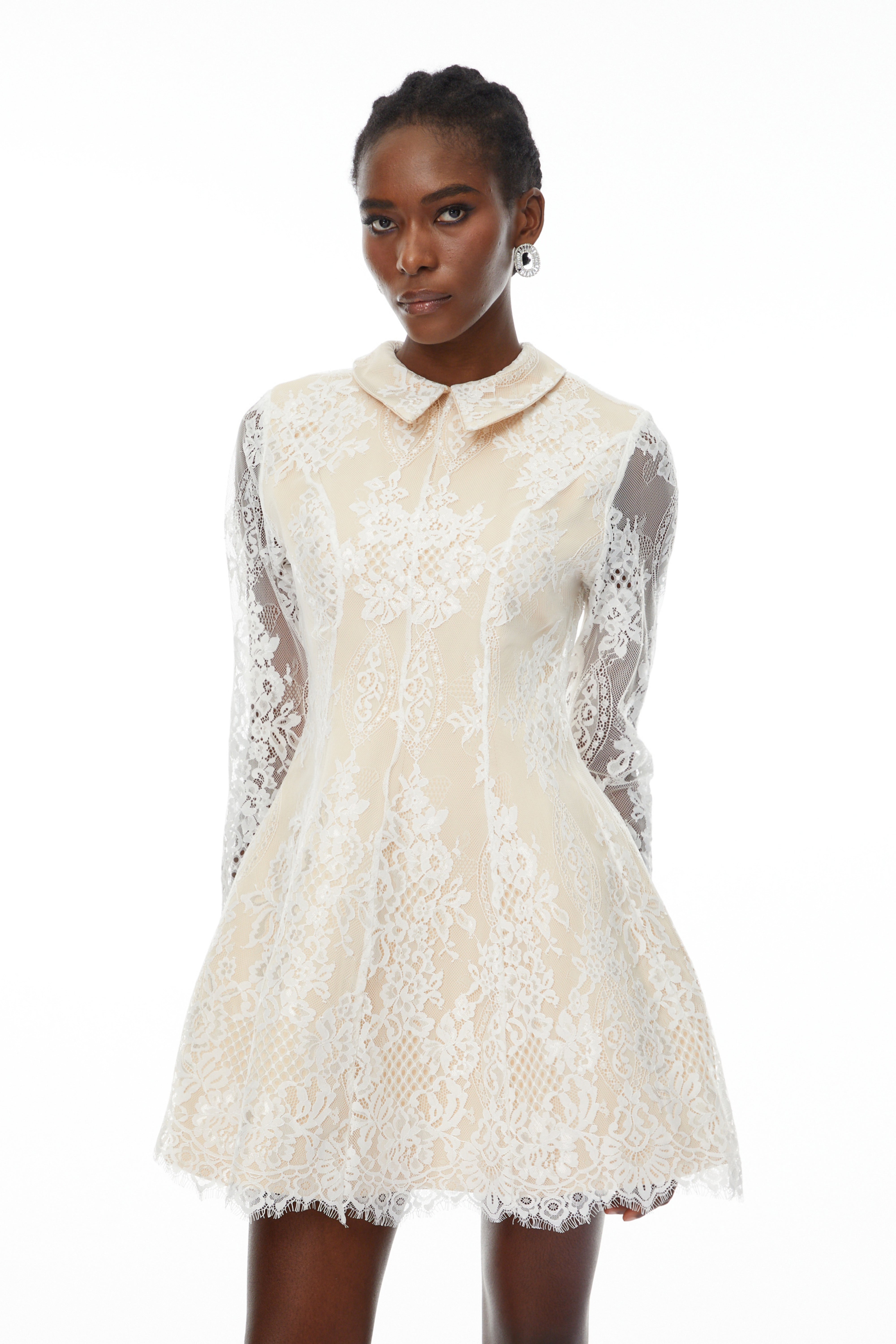 Lace Appliqué Mini Dress in White