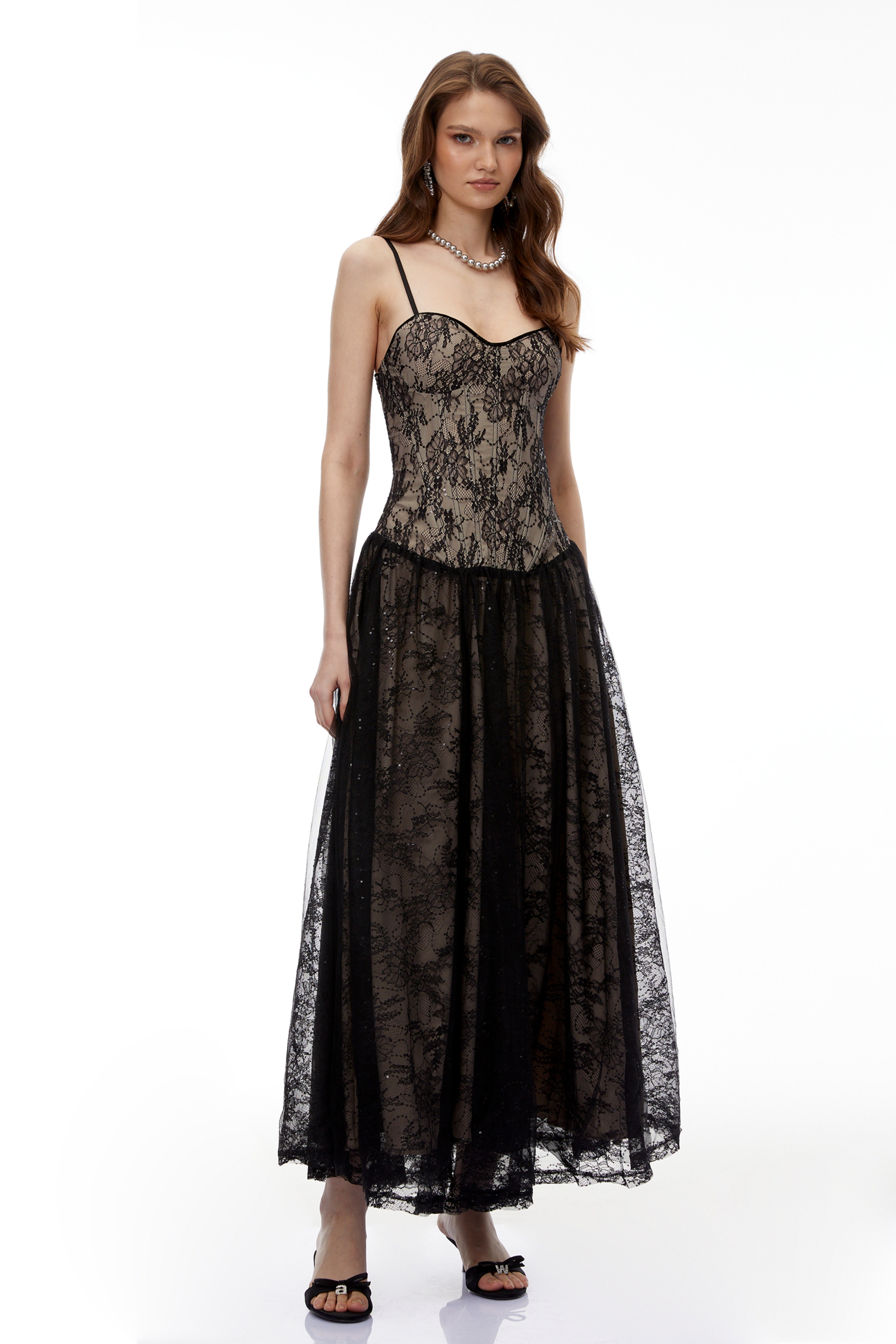 Alessa Black Floral Lace Maxi Dress with Tulle Panels (Final Sale)