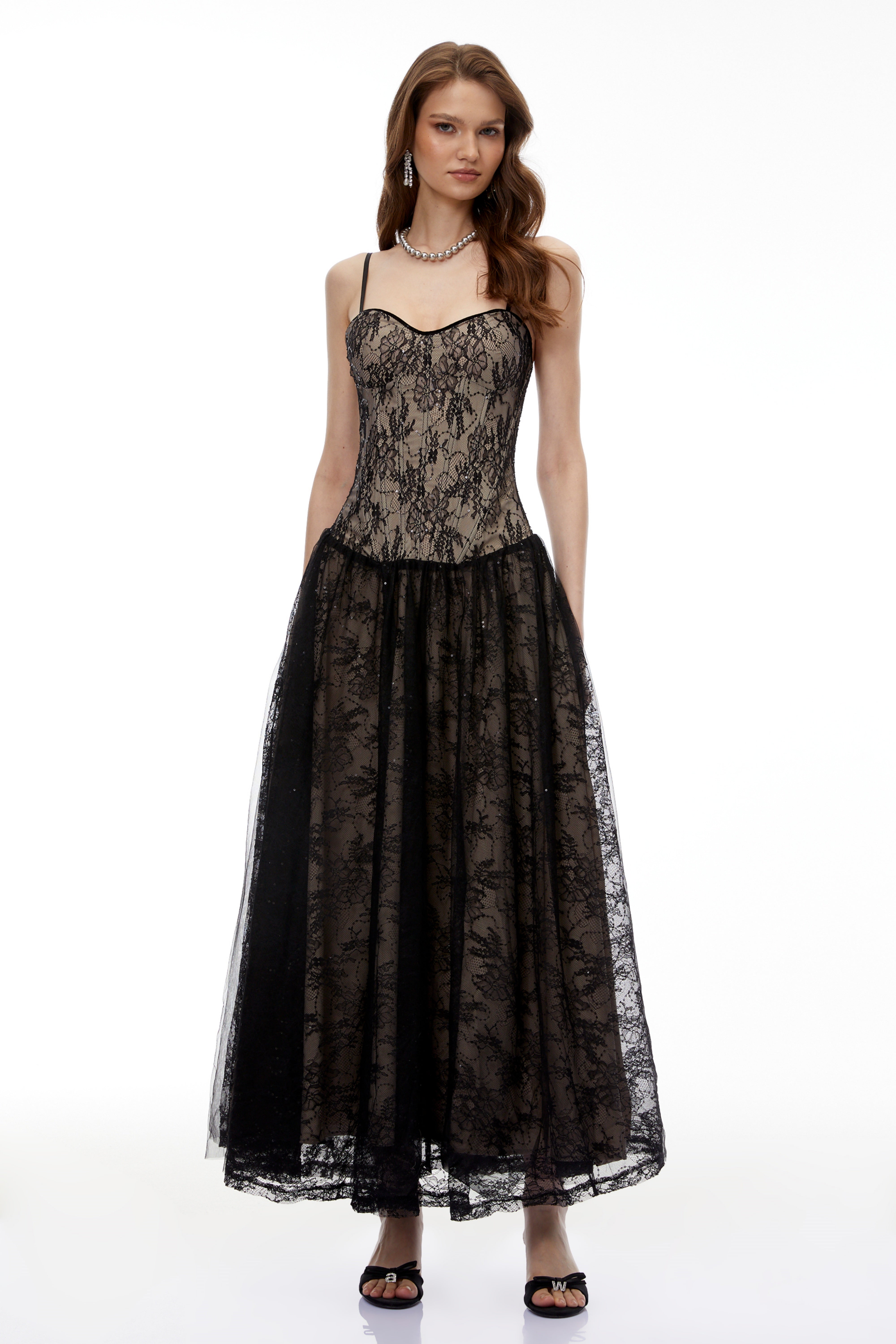 Alessa Black Floral Lace Maxi Dress with Tulle Panels (Final Sale)