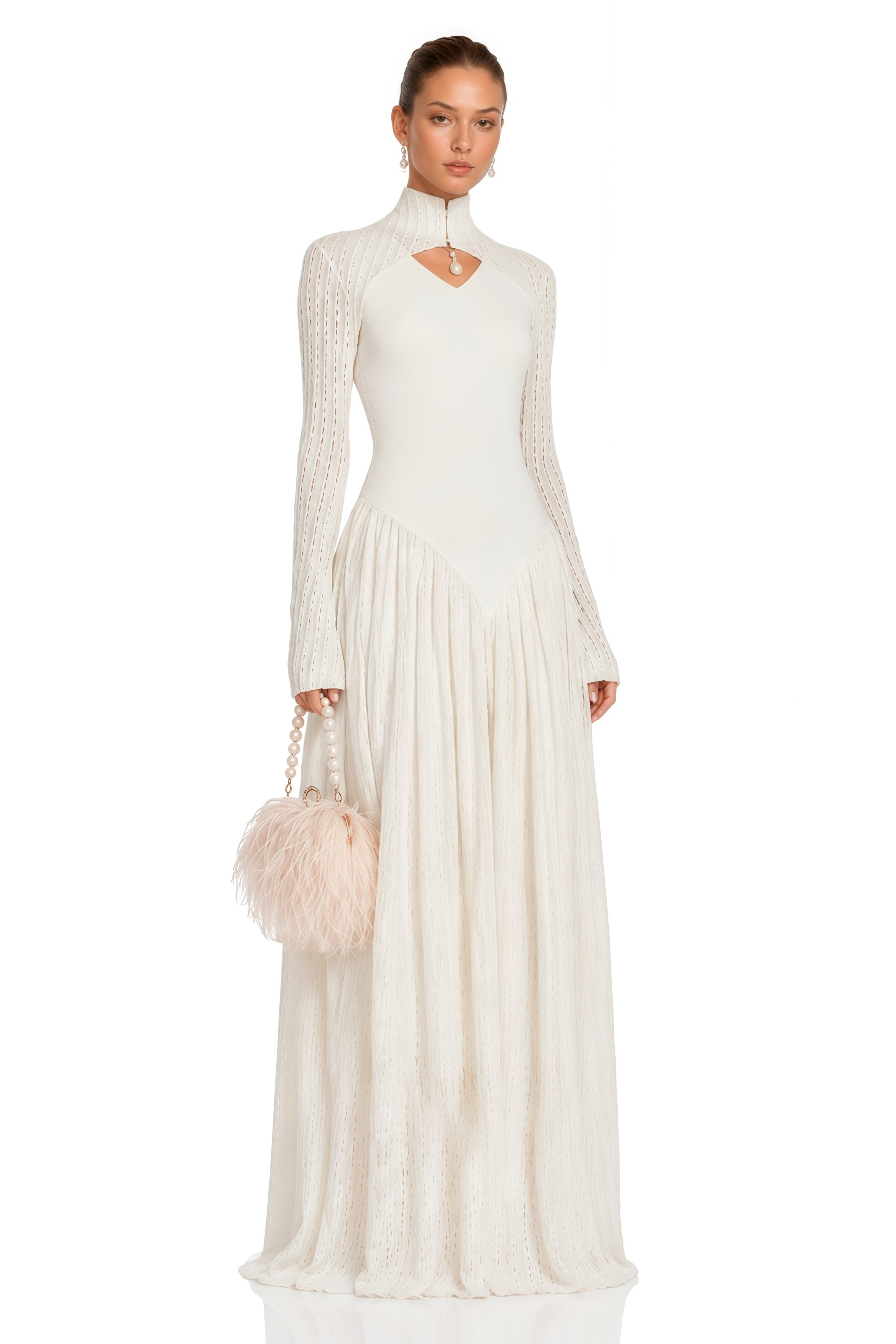 Amaris Neutral Ribbed Knit Long Sleeves Maxi Dress