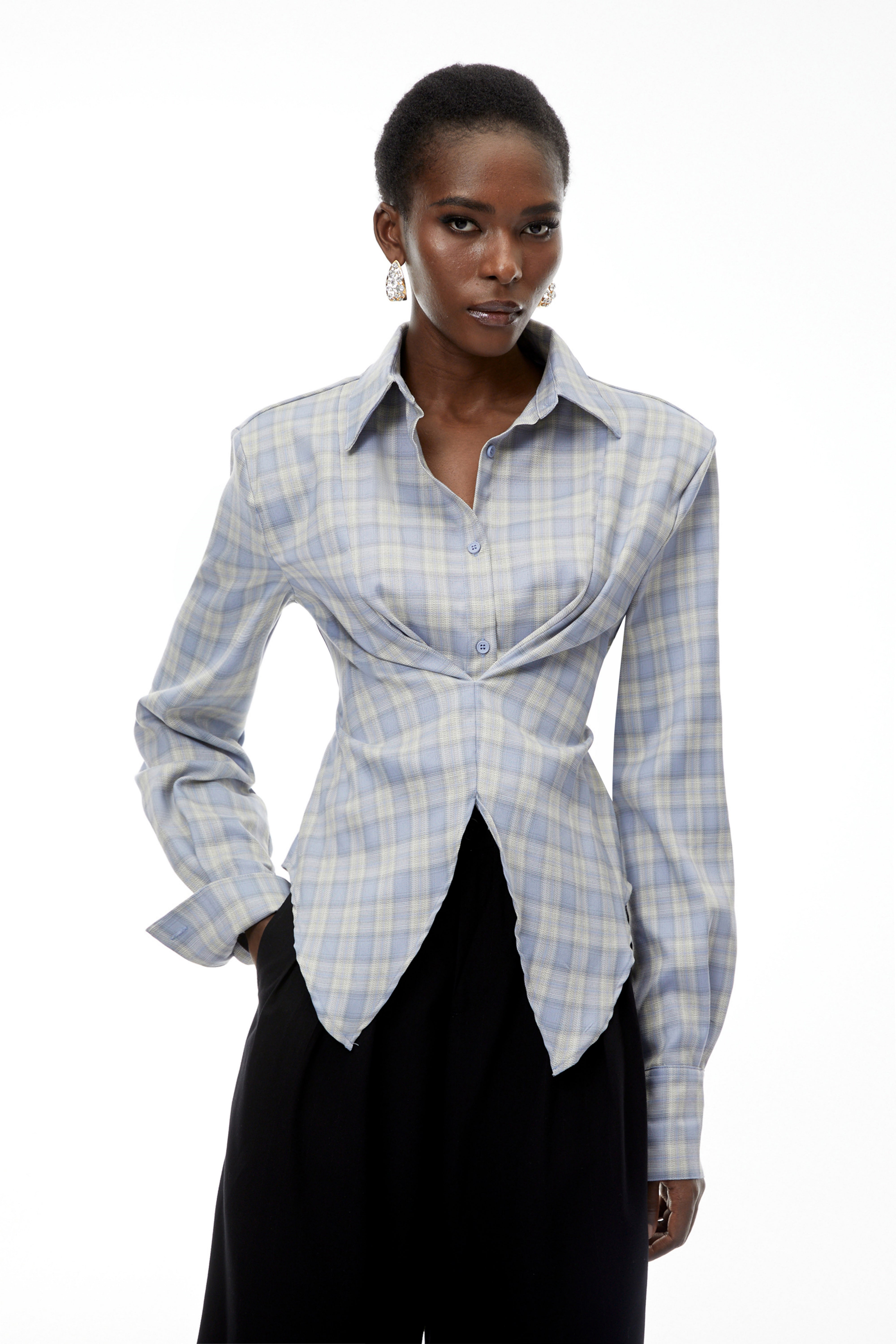 Amber Blue Plaid Tailored Cutout Blouse (Final Sale-US Only)