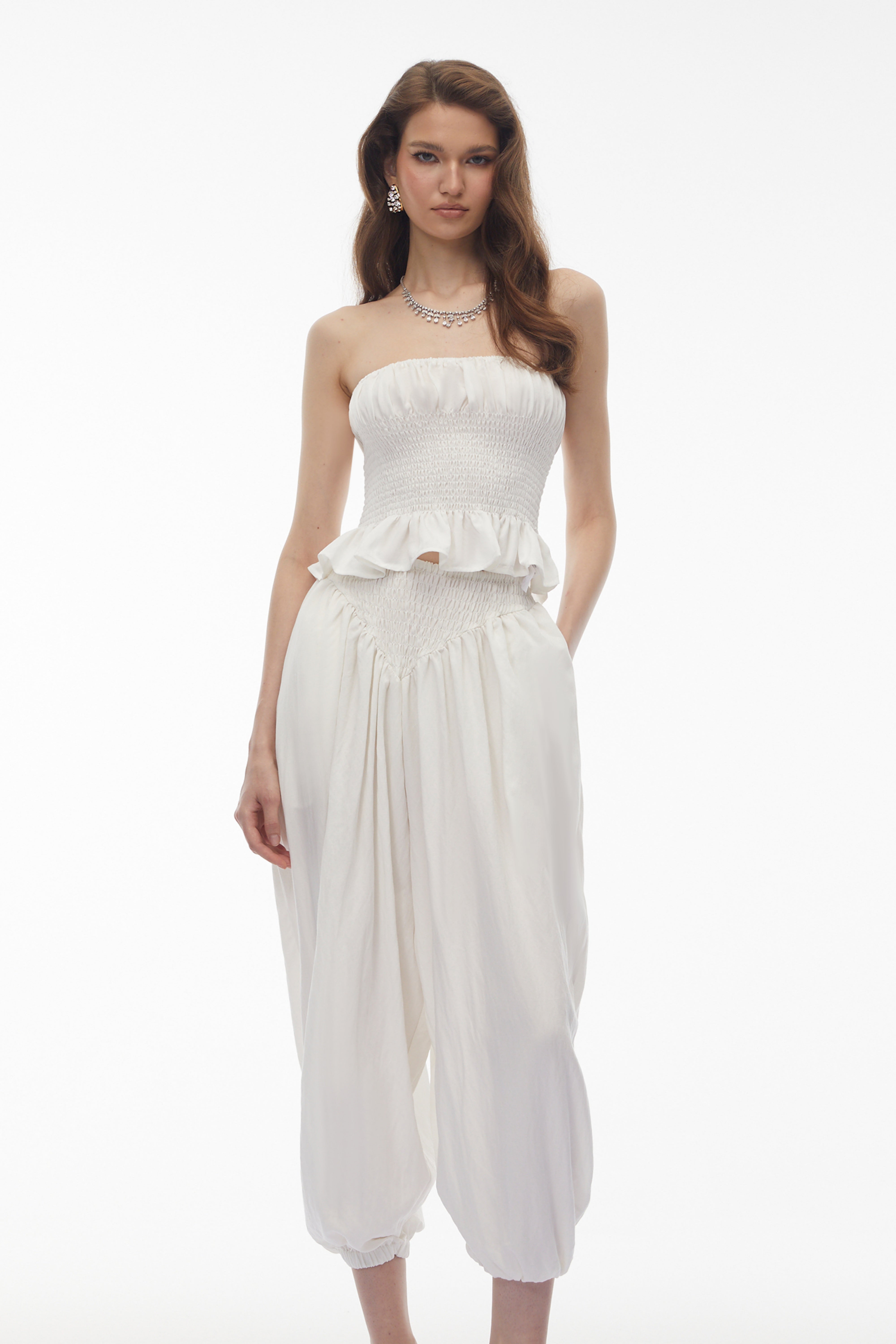 Amelia White Off Shoulder Blouse & Trouser Set (Final Sale)