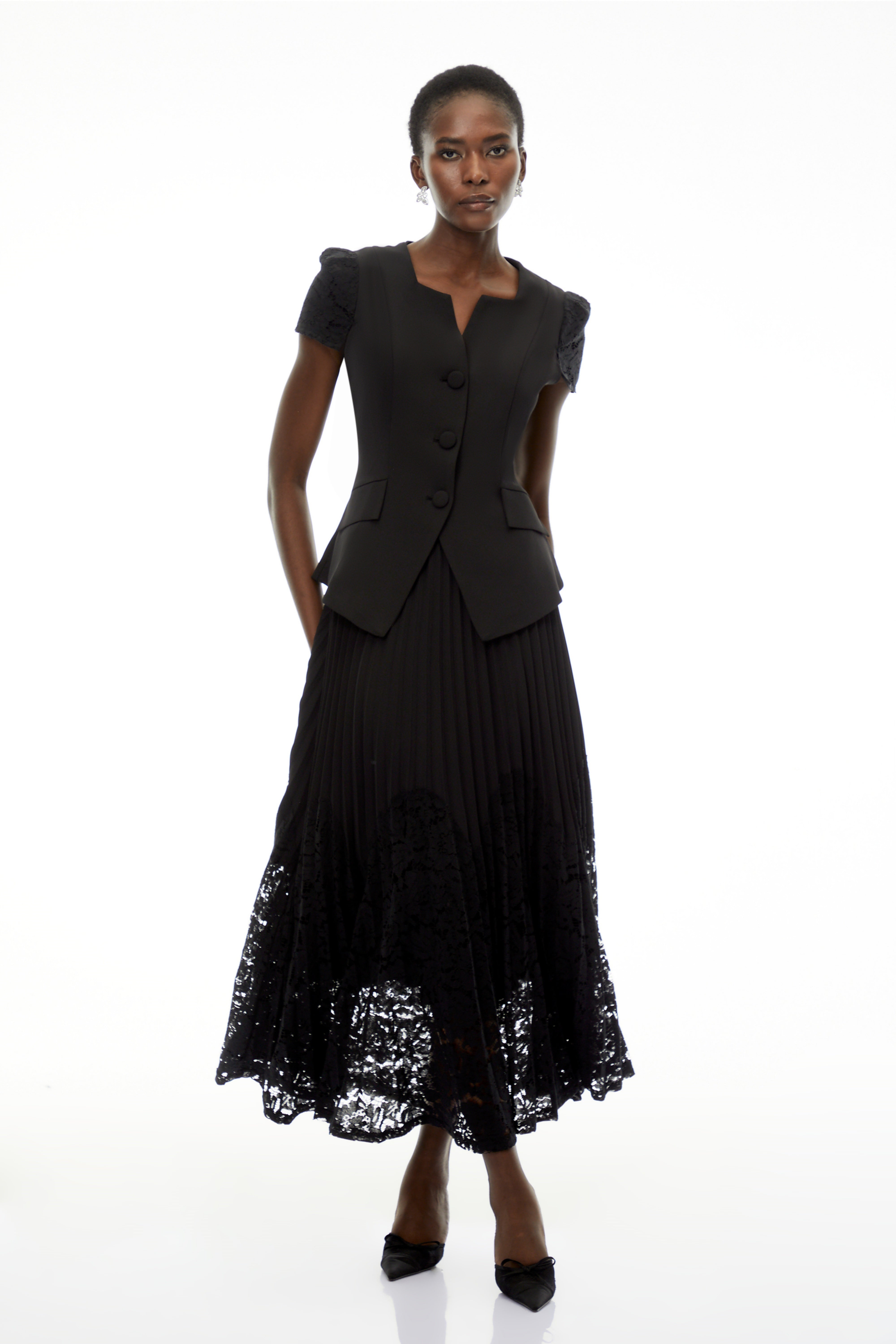 Beatrice Black V-Neck Button Down Top & Skirt Set (Final Sale)