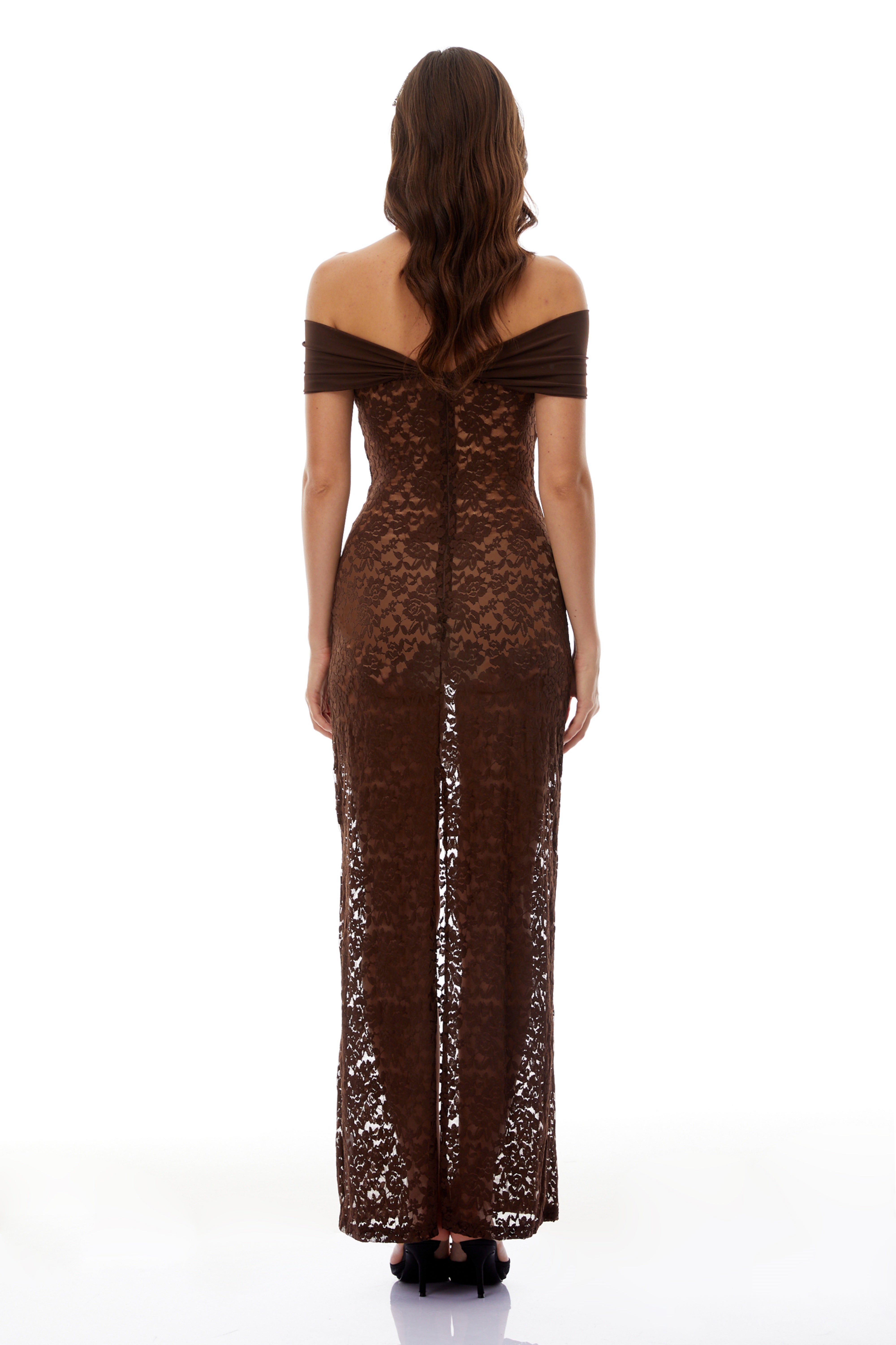 Angelina Brown Off Shoulder Floral Lace Maxi Dress (Final Sale)