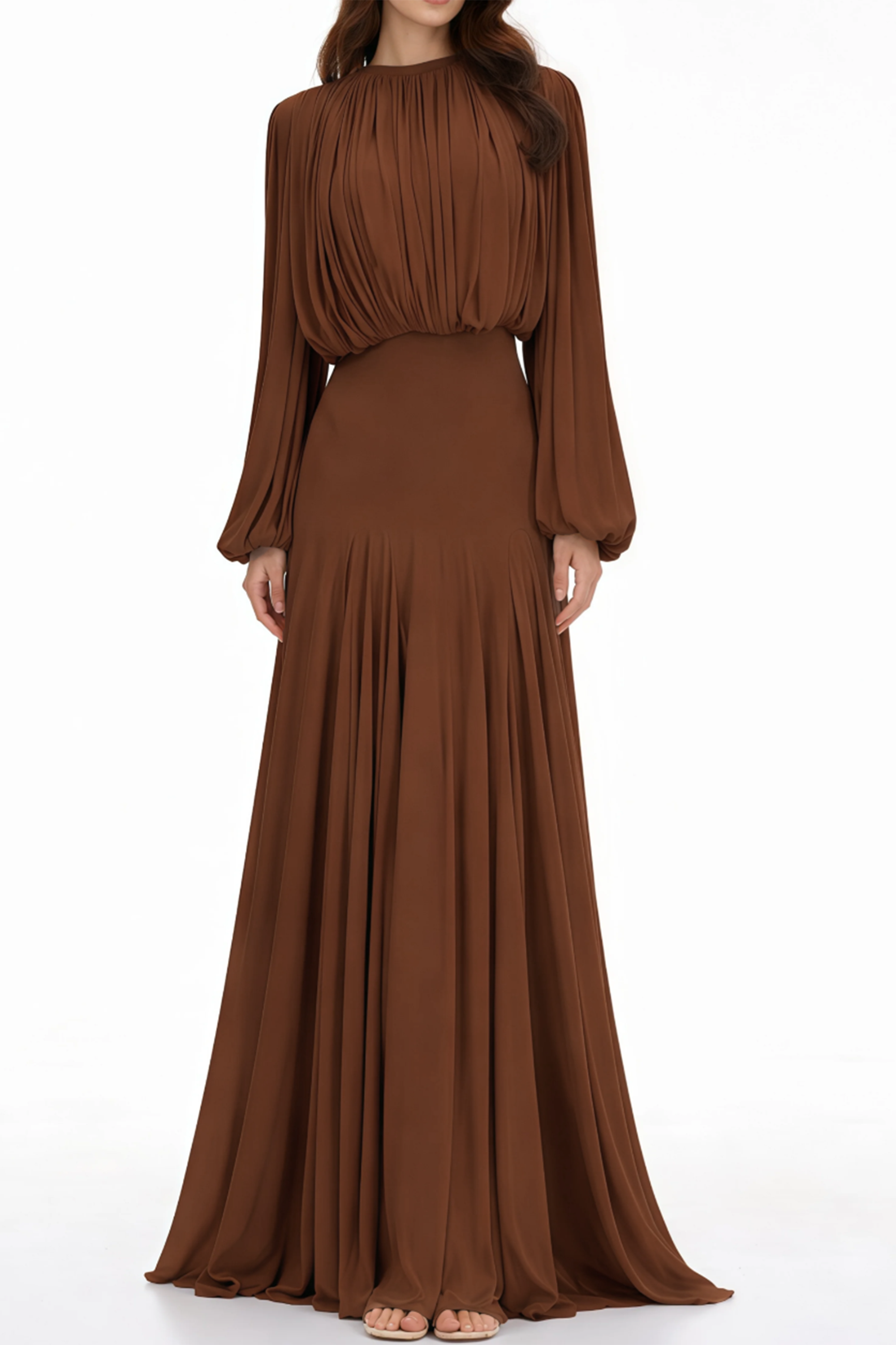 Brown Pleated Maxi Dress with Long Lantern Sleeves