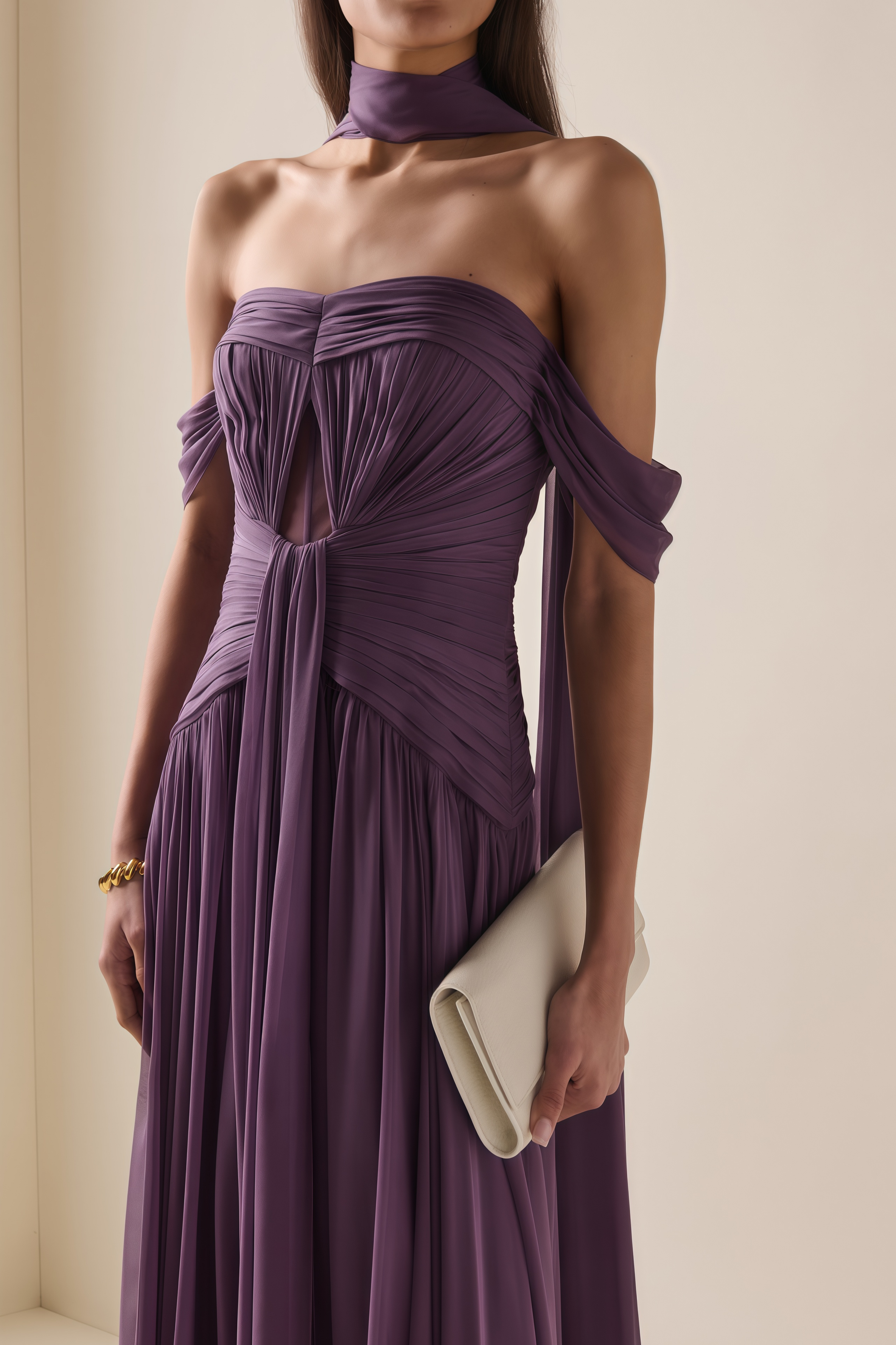 Purple Chiffon Pleated Maxi Dress with Choker Neck and Off-the-Shoulder Sleeves