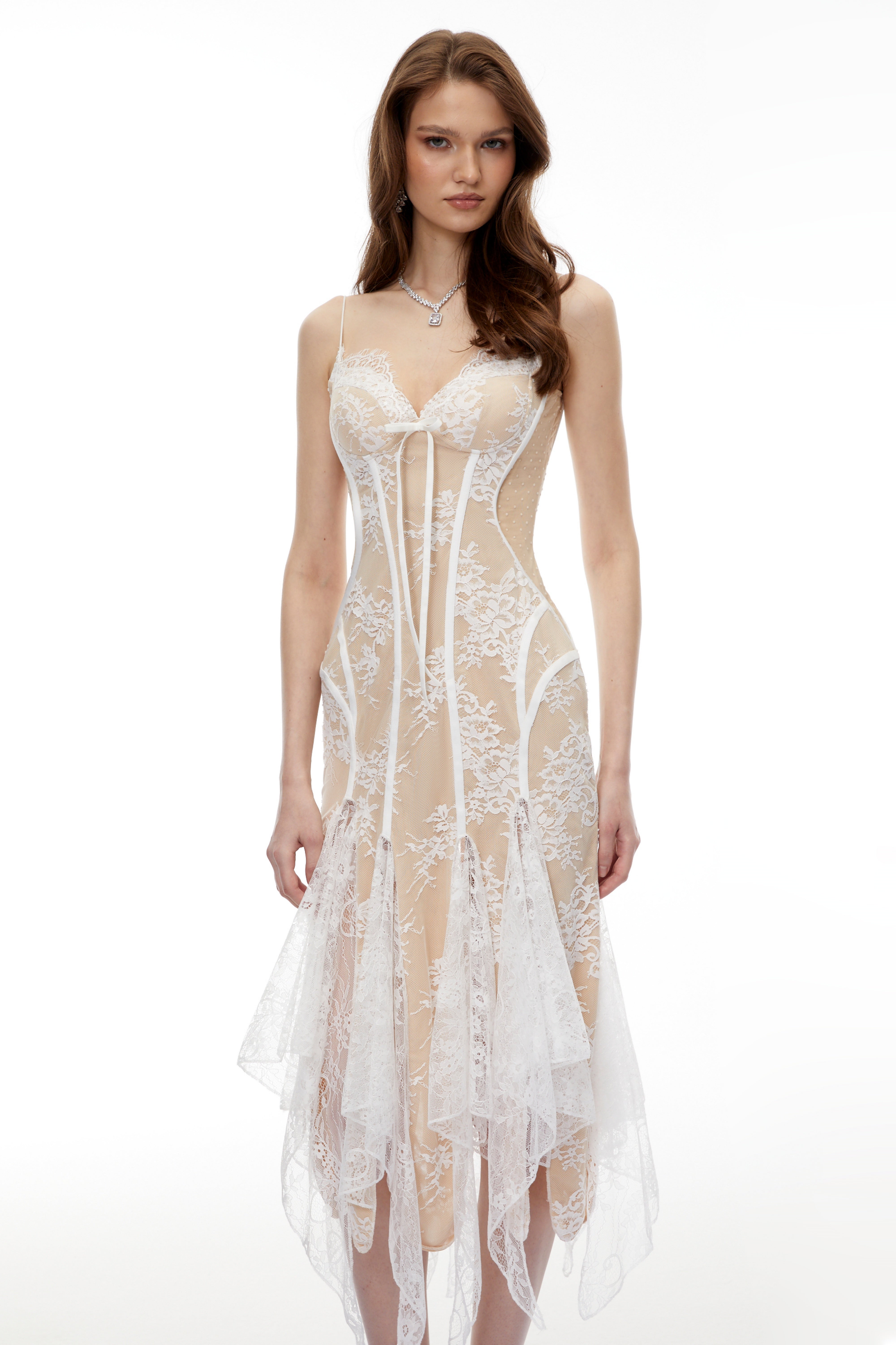 Annelise White Floral Lace Asymmetrical Midi Dress (Final Sale)
