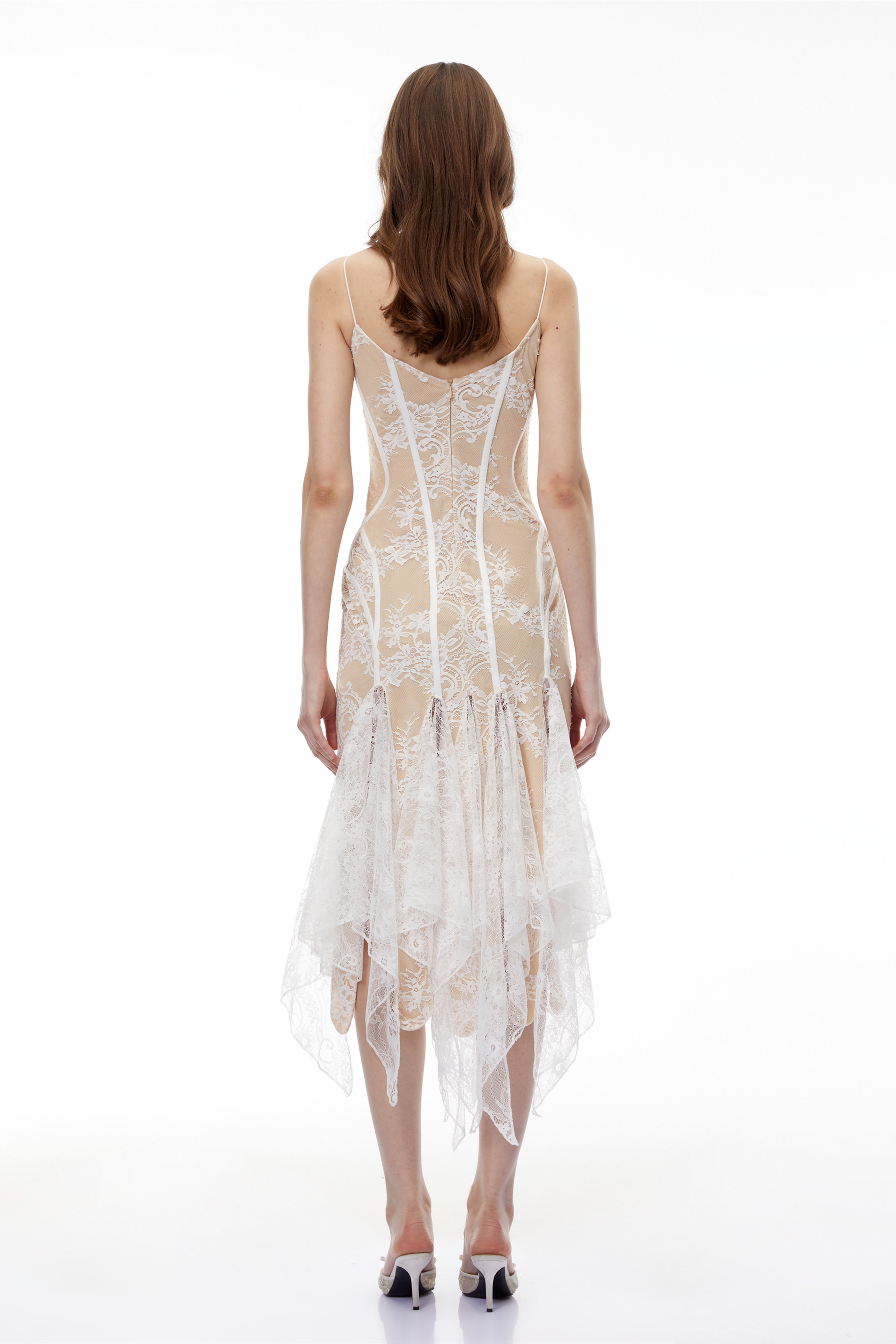 Annelise White Floral Lace Asymmetrical Midi Dress