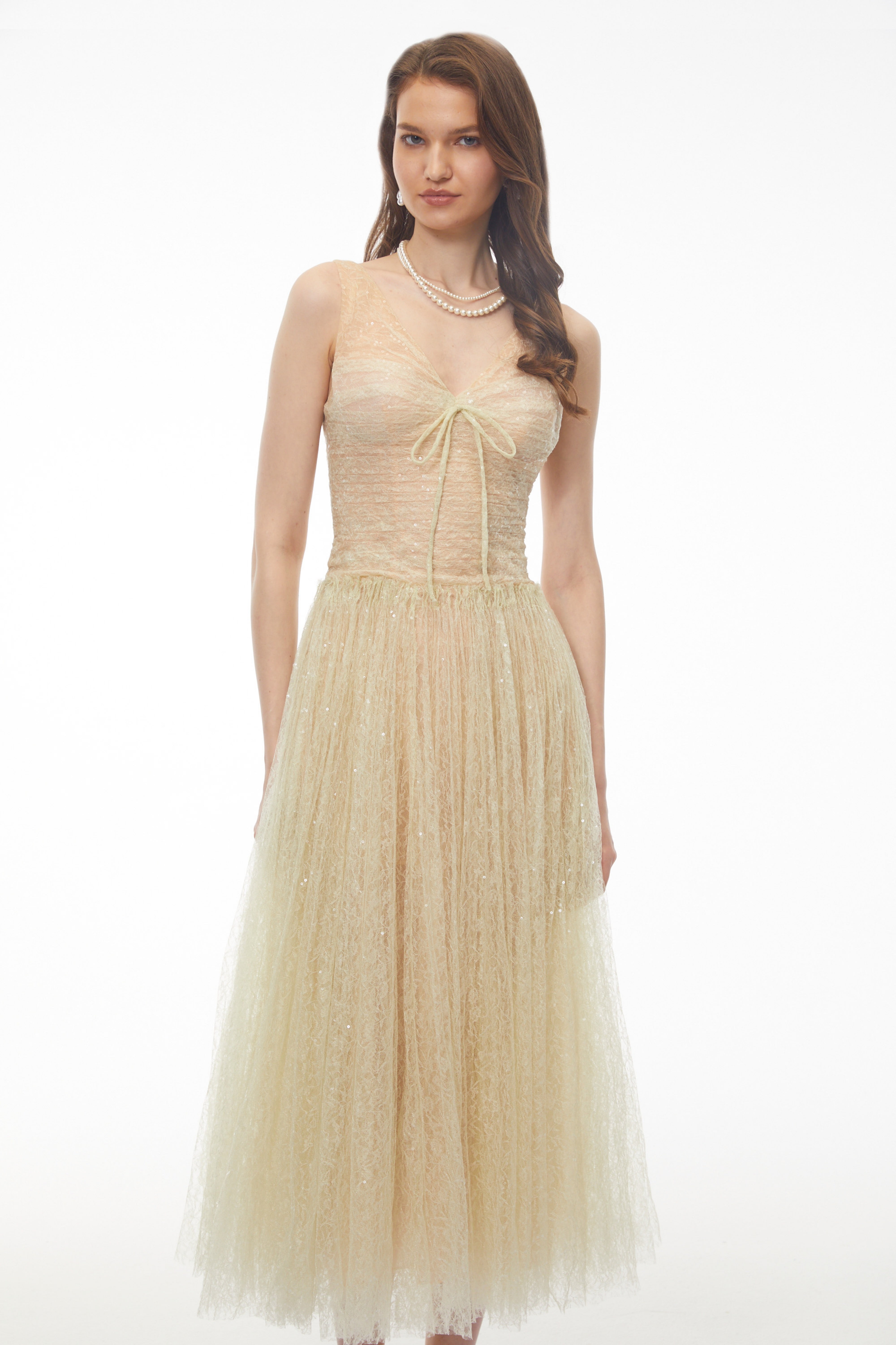 Annika Green Sequin Tulle Maxi Dress with Lace Panels (Final Sale)