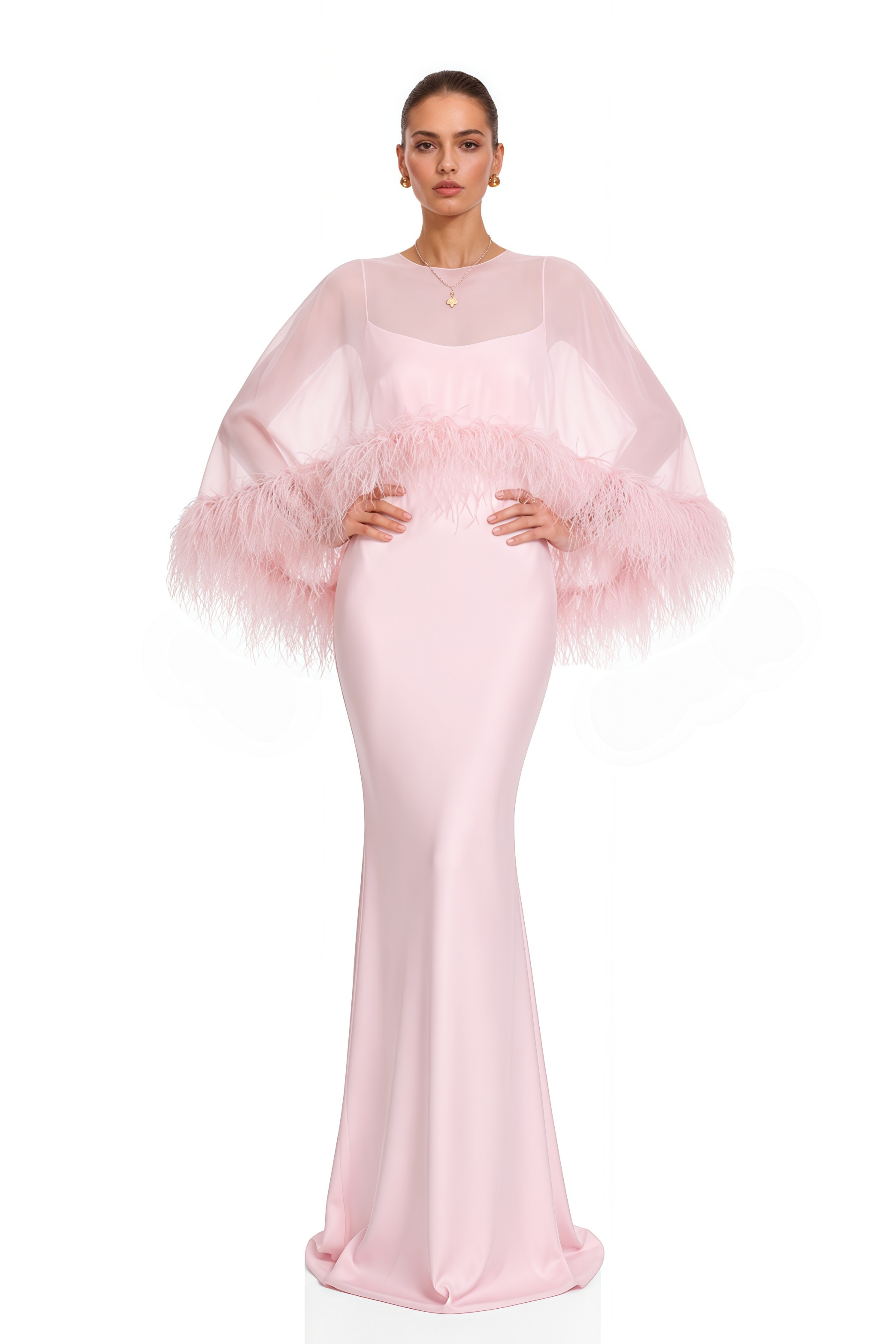 Araminta Pink Maxi Dress & Shawl Set with Feather Trim