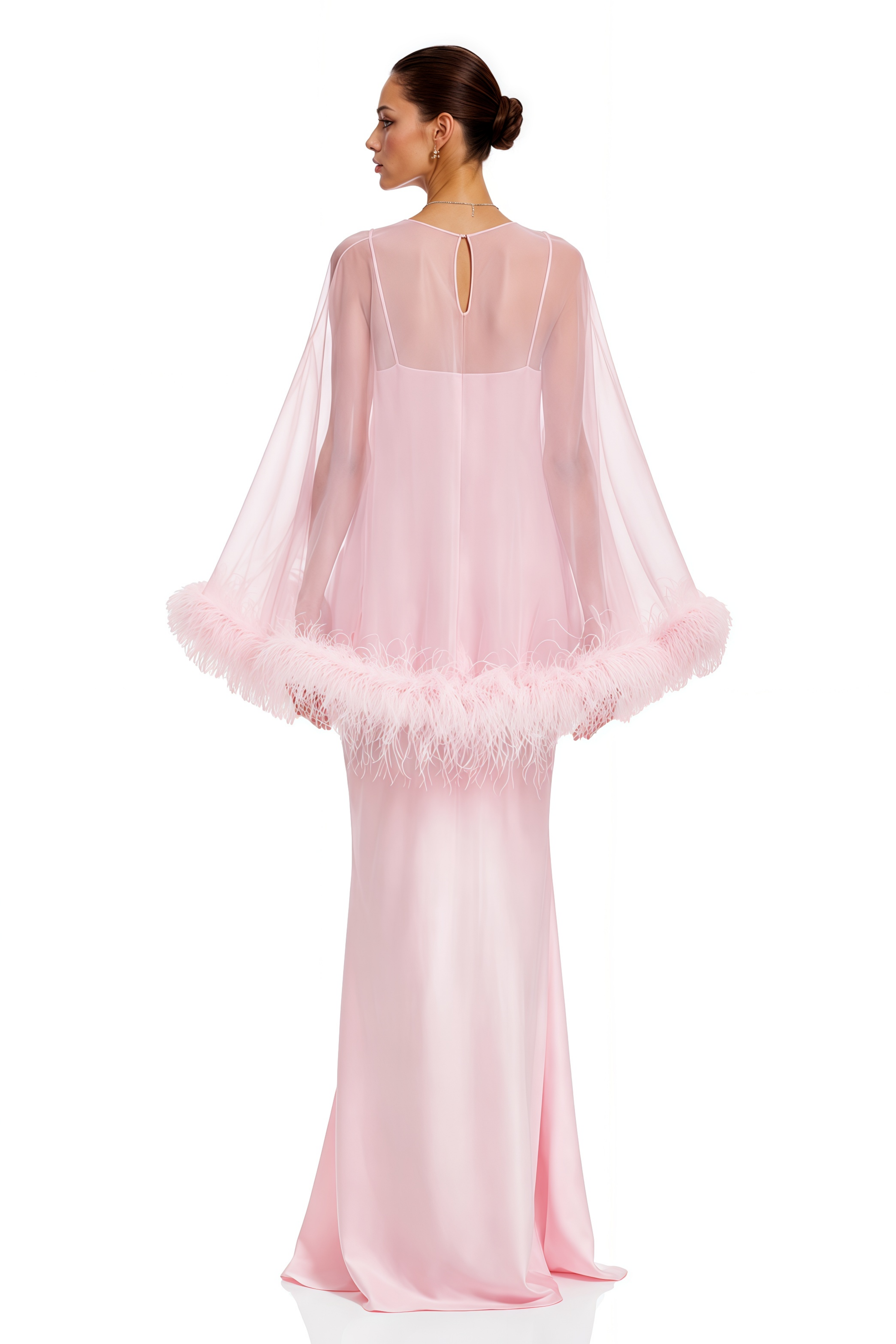 Araminta Pink Maxi Dress & Shawl Set with Feather Trim