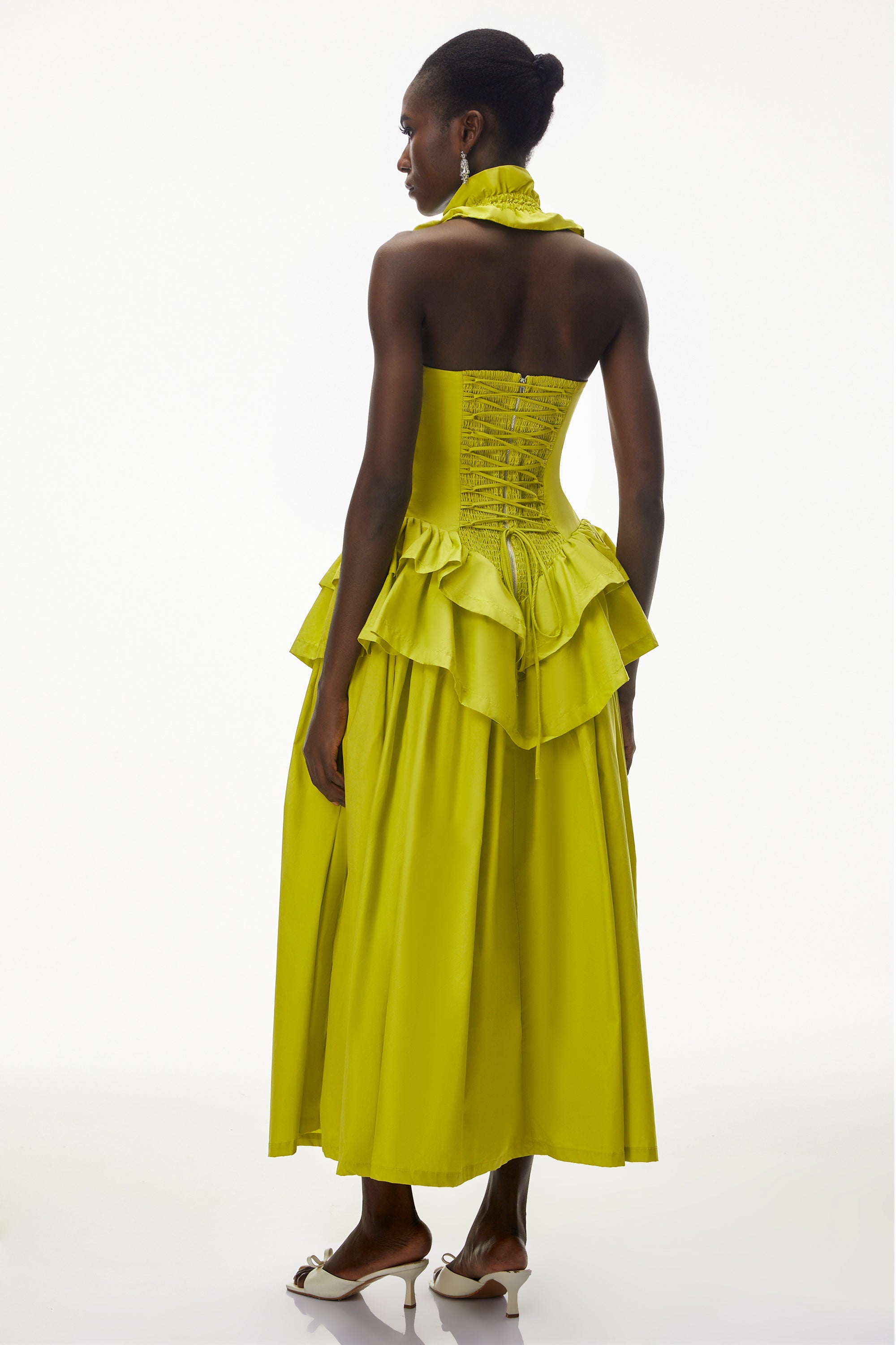 Arezoo Green Mock Neck Ruffled Midi Dress (Final Sale-US Only)