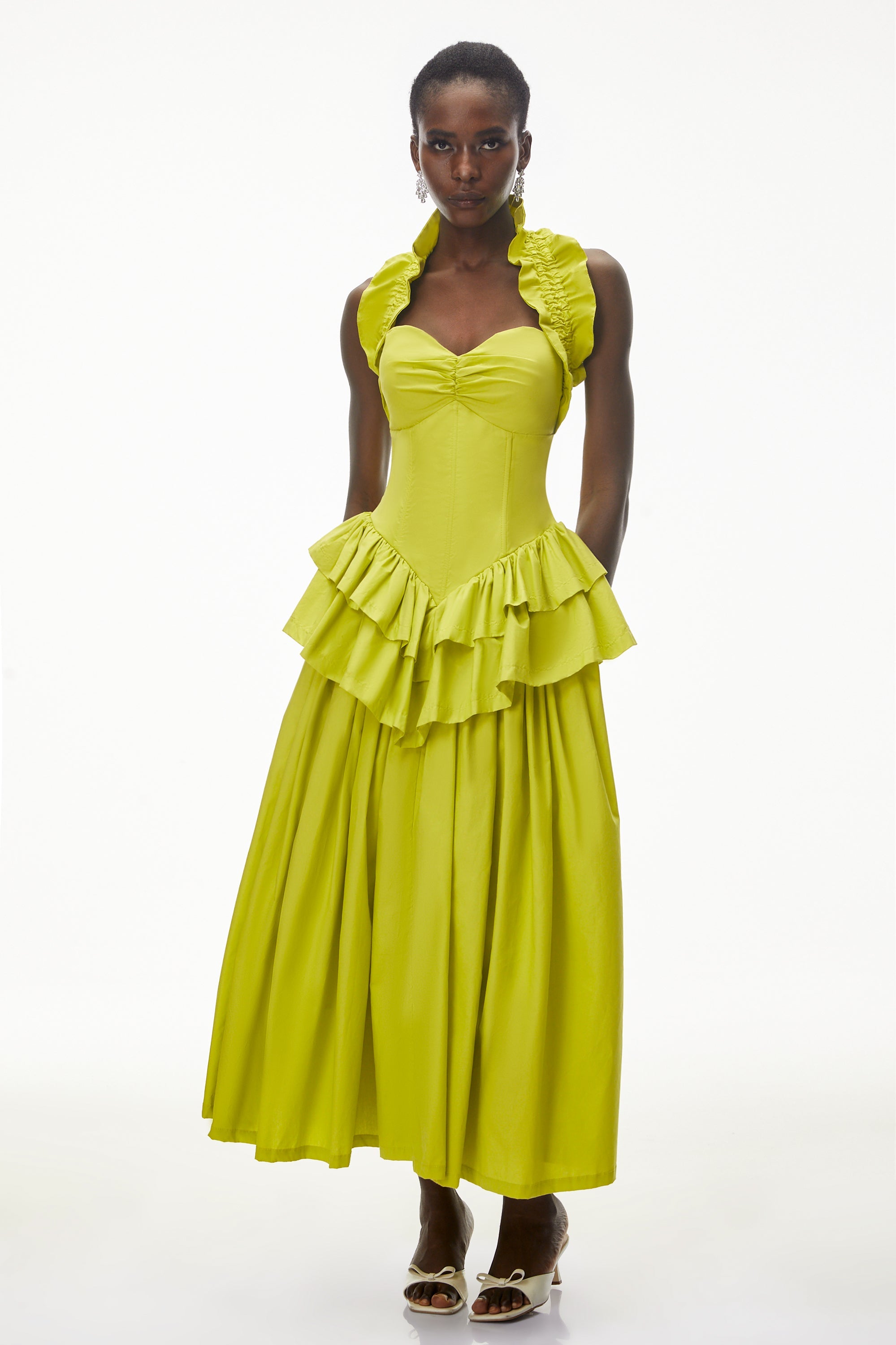 Arezoo Green Mock Neck Ruffled Midi Dress (Final Sale-US Only)