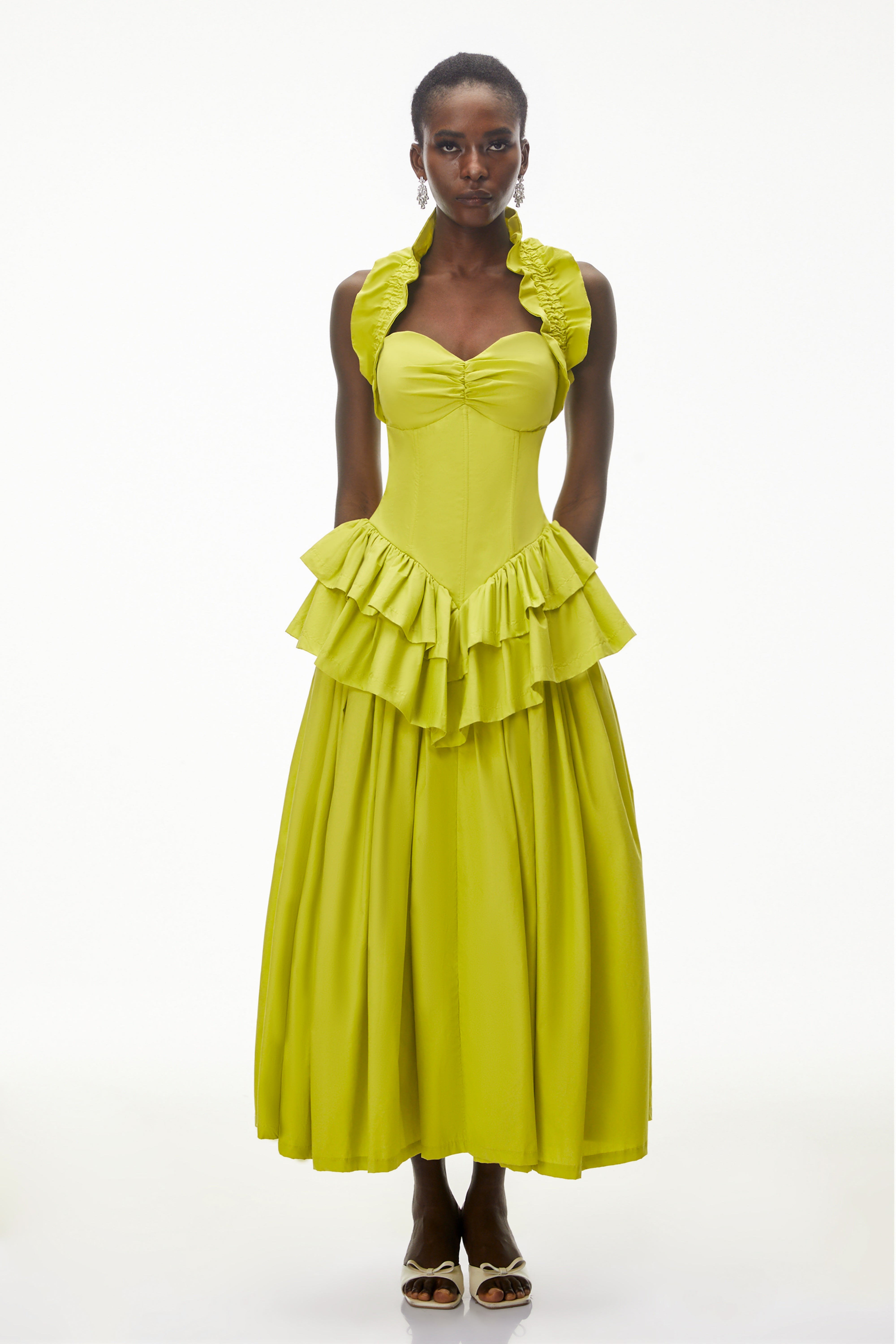 Arezoo Green Mock Neck Ruffled Midi Dress (Final Sale-US Only)