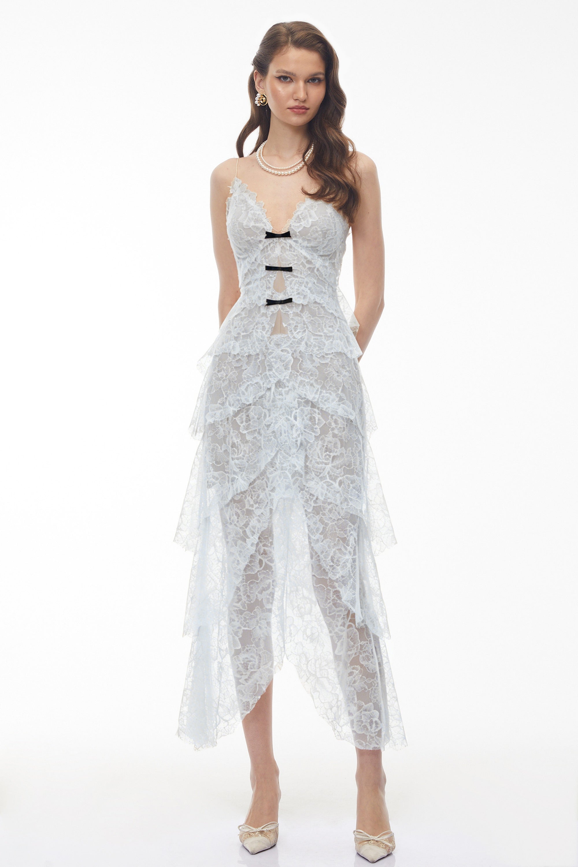 Atousa Blue Layered Floral Lace Maxi Dress with Bow (Final Sale)