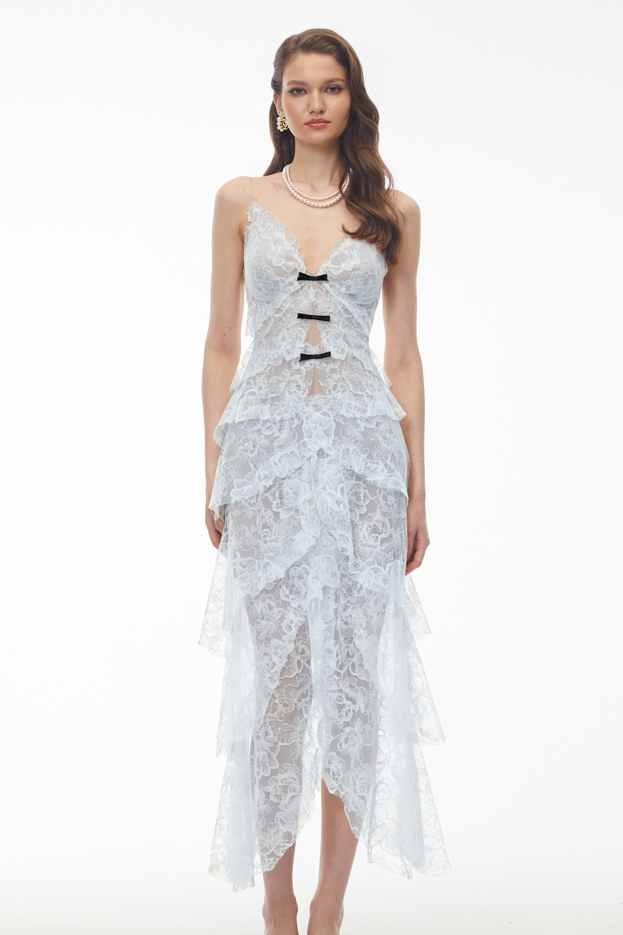 Atousa Blue Layered Floral Lace Maxi Dress with Bow (Final Sale-US Only)