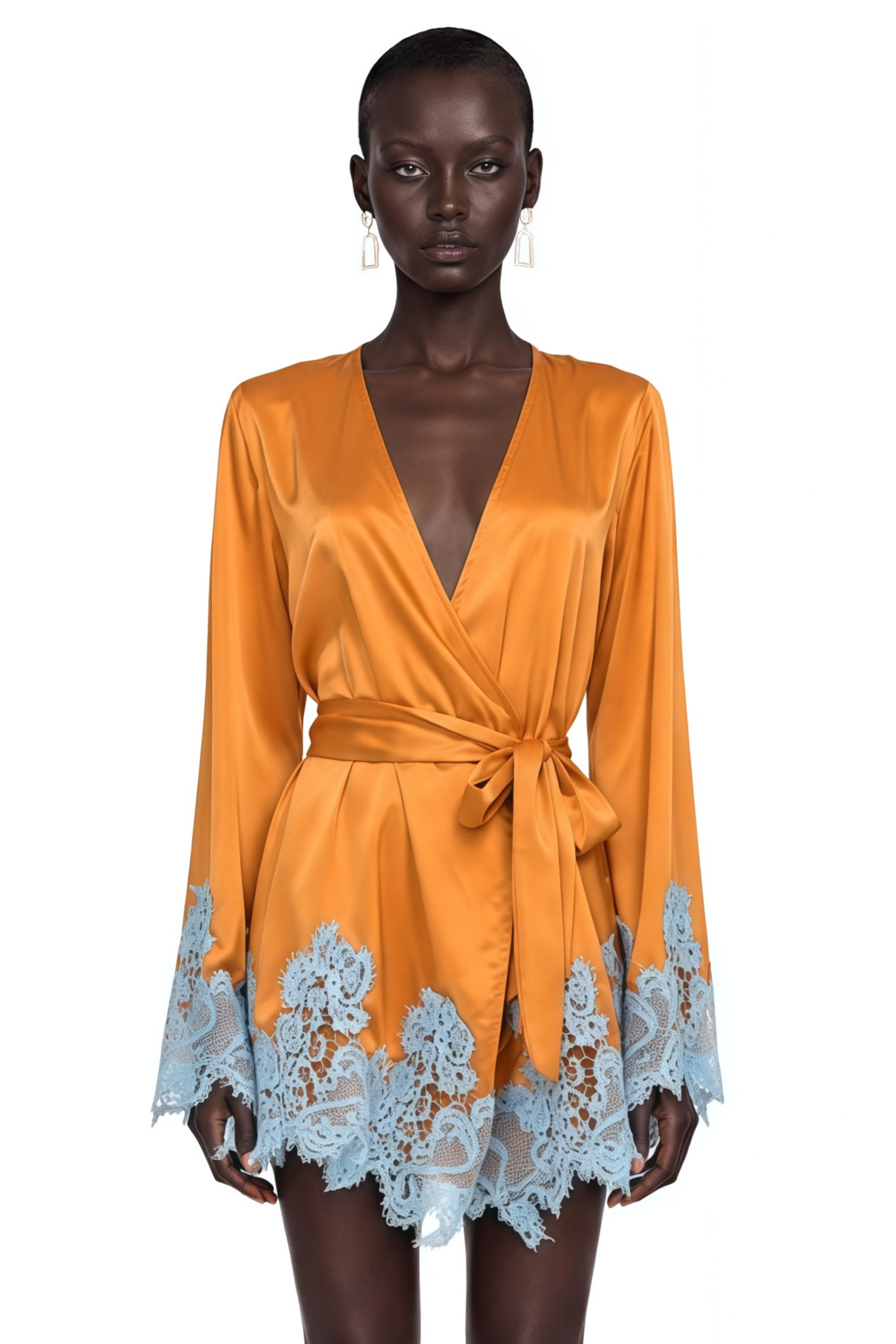Aurelie Brown Satin Wrap Mini Dress with Lace