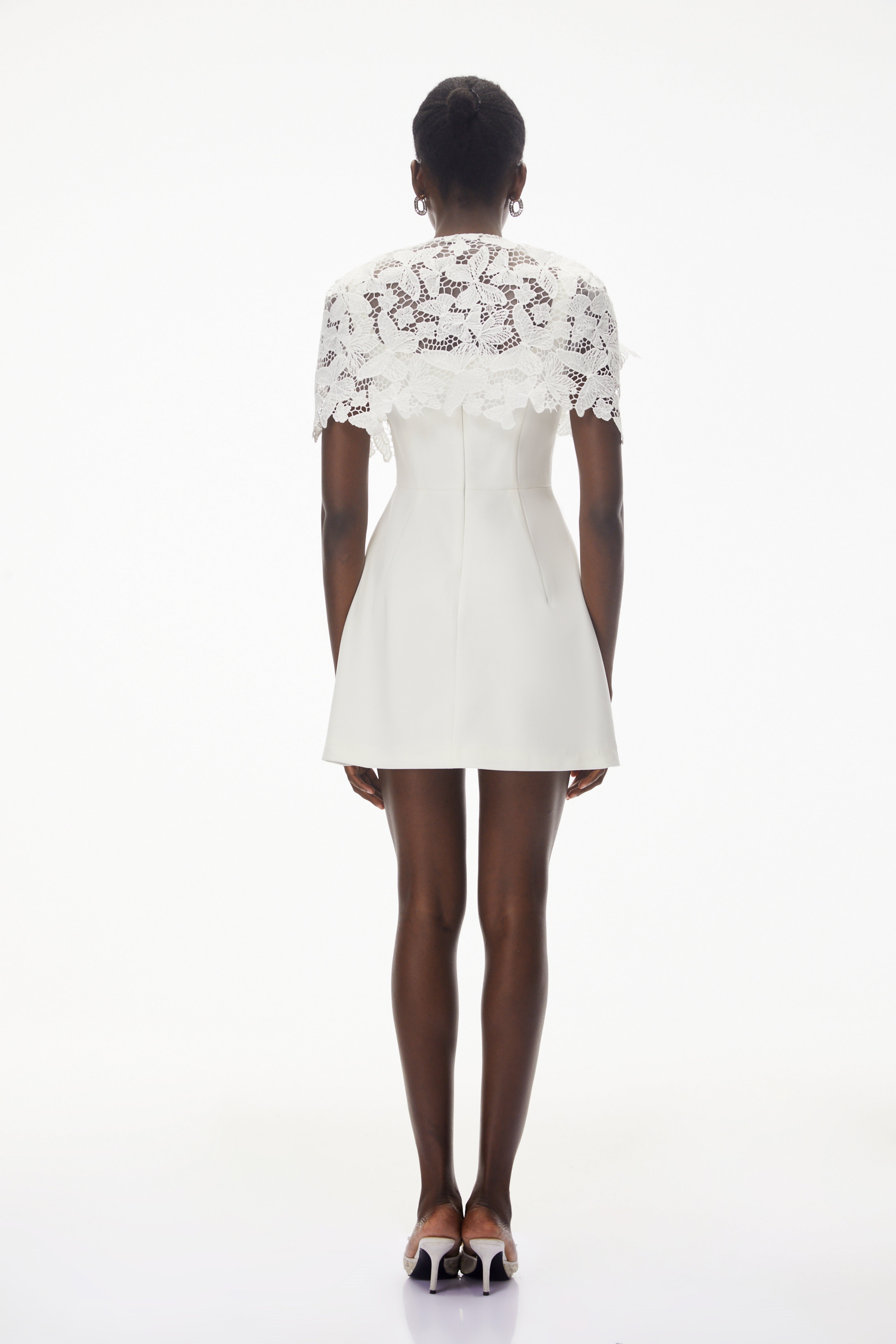 Ava White Floral Lace Mini Dress with Butterfly Applique