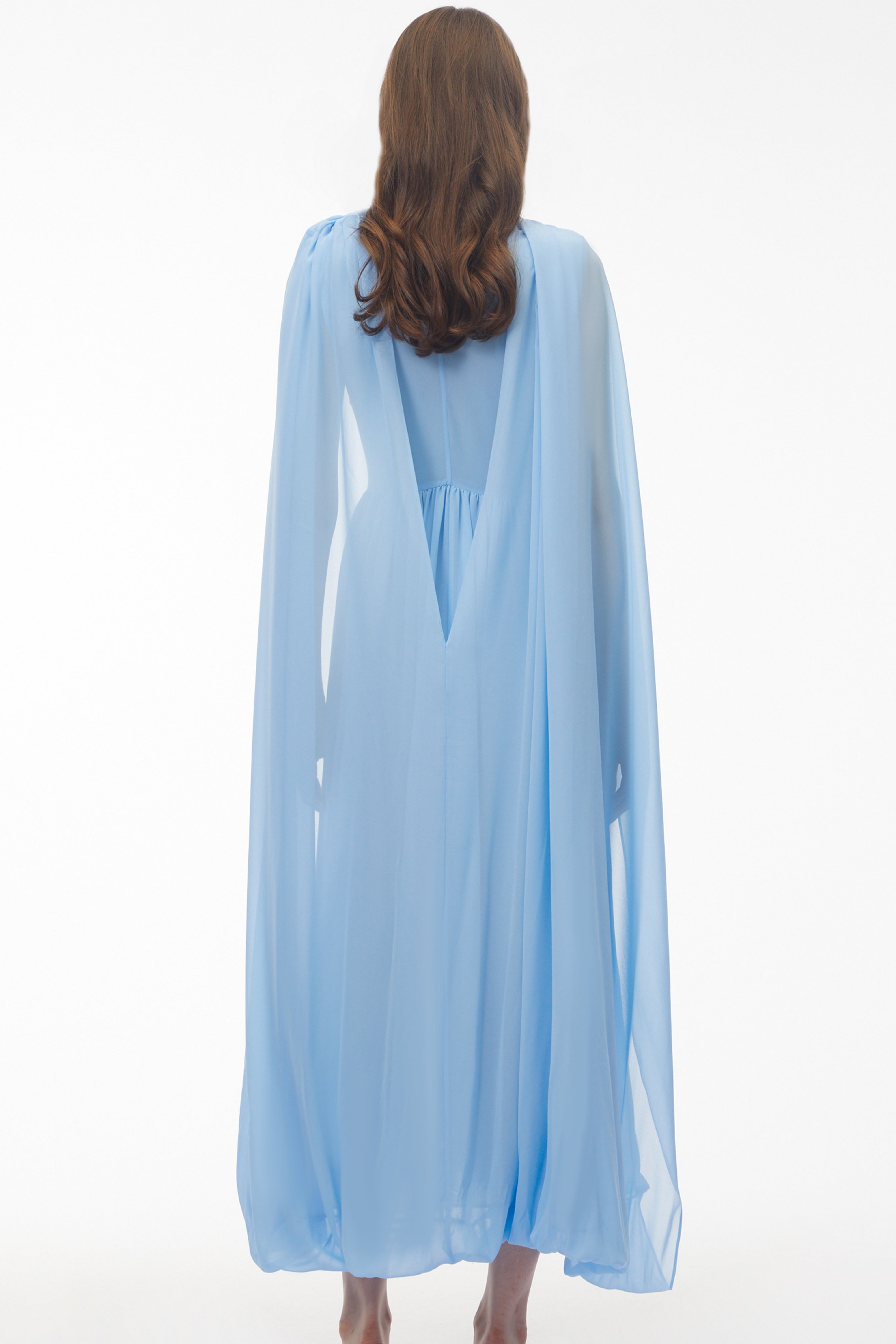 Beatrice Blue Ruched Midi Dress with Oversized Cape (Final Sale-US Only)