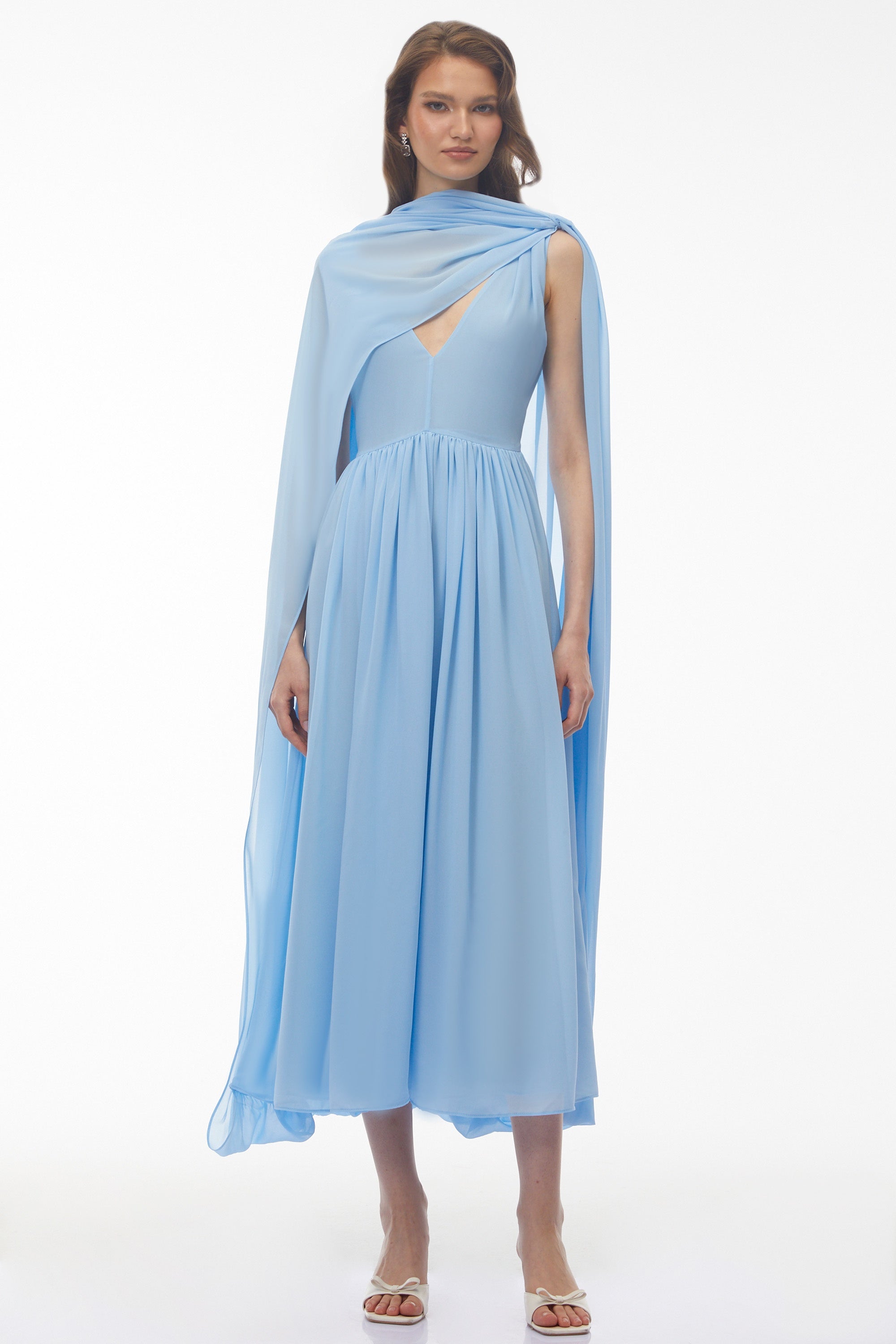 Beatrice Blue Ruched Midi Dress with Oversized Cape (Final Sale)