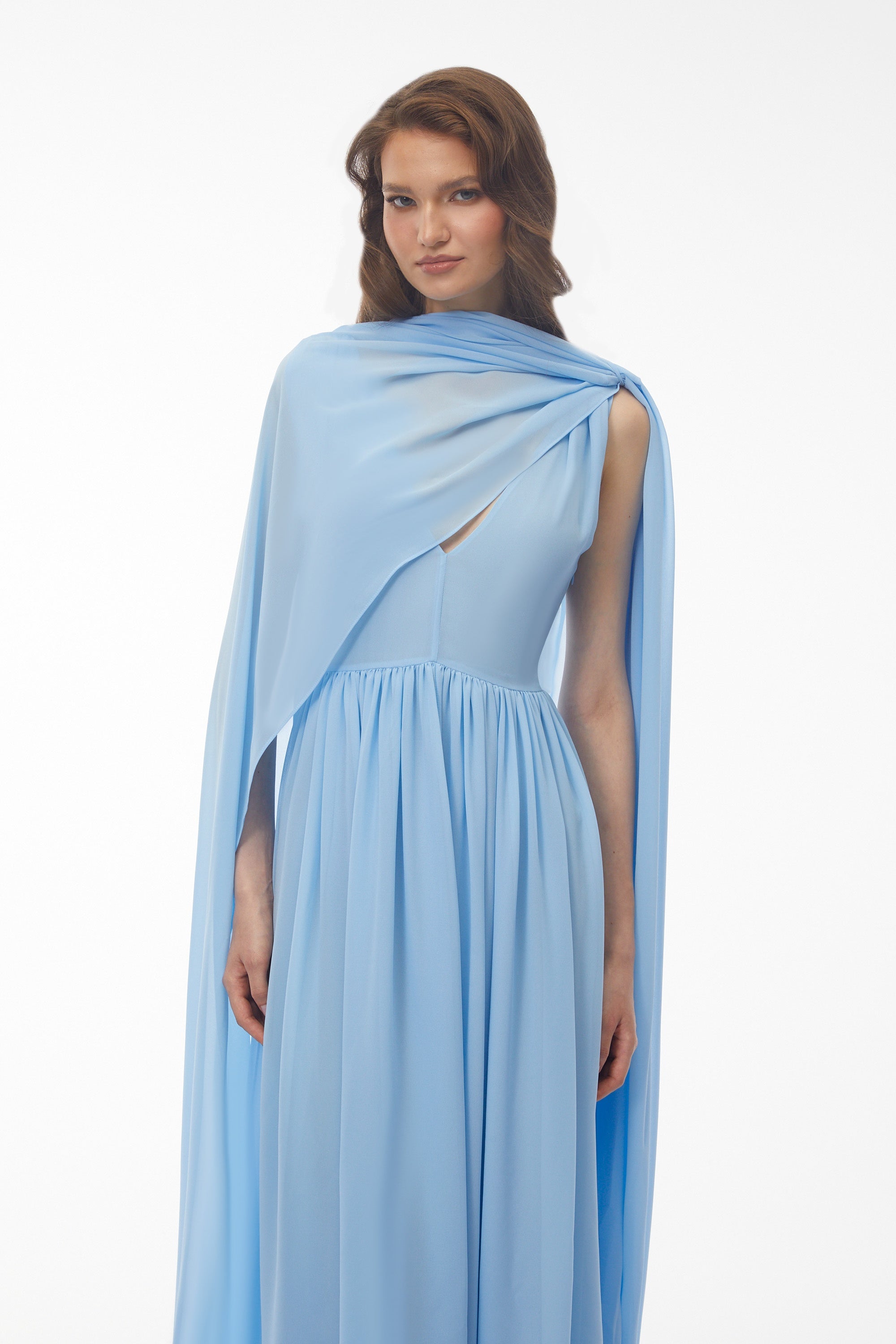 Beatrice Blue Ruched Midi Dress with Oversized Cape (Final Sale-US Only)