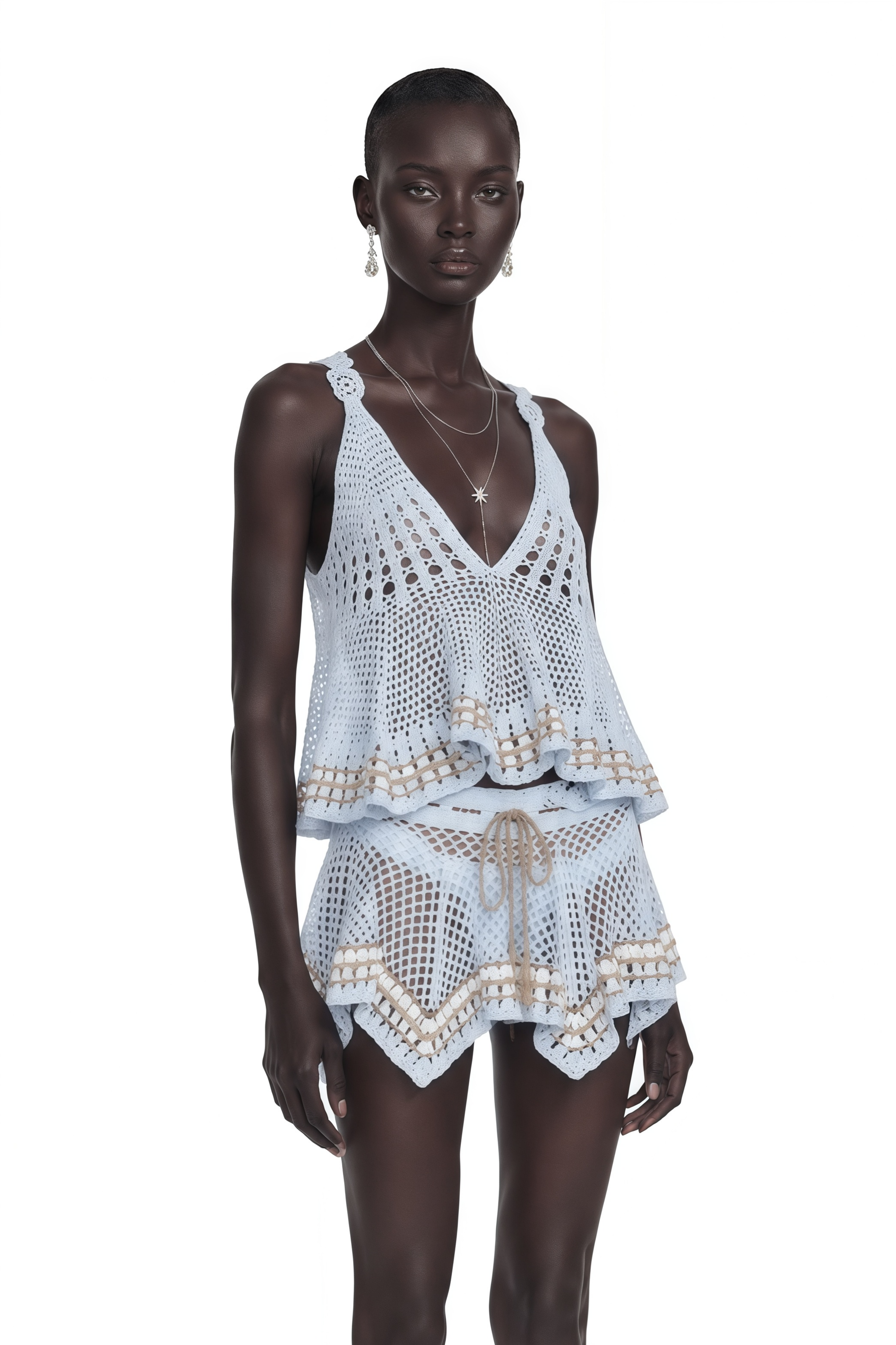 Belphoebe Blue Crochet V-Neck Top & Skirt Set