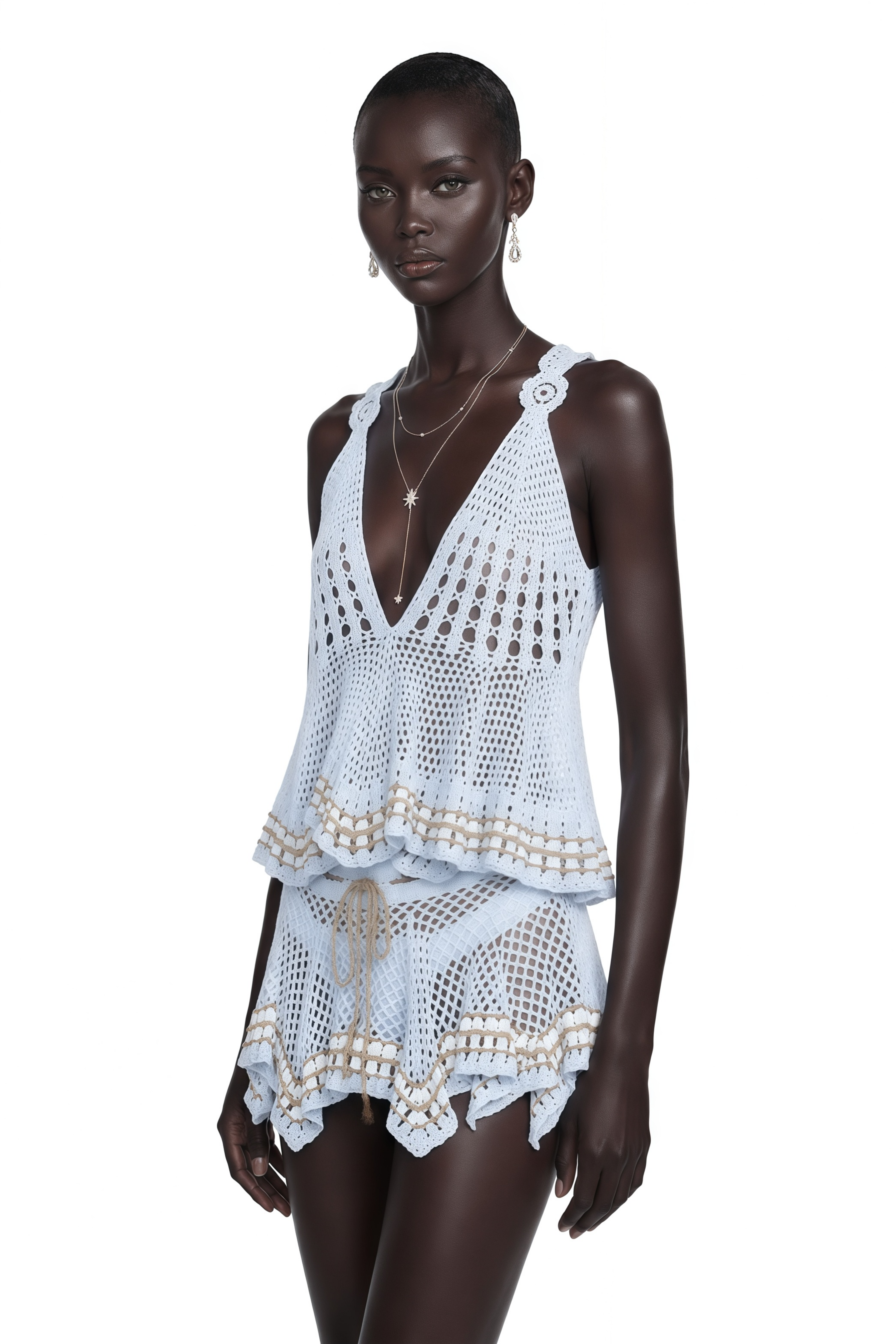 Belphoebe Blue Crochet V-Neck Top & Skirt Set