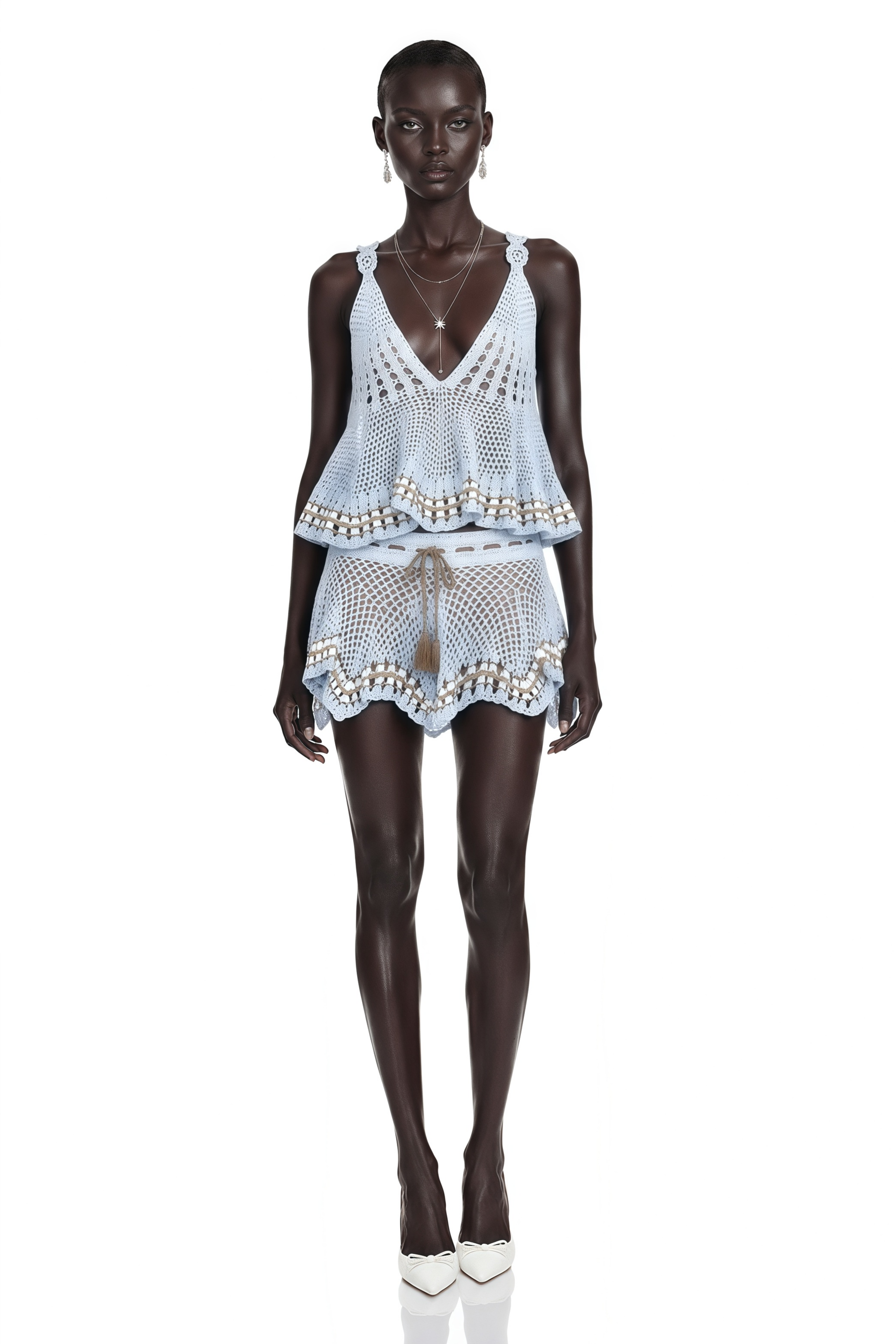 Belphoebe Blue Crochet V-Neck Top & Skirt Set