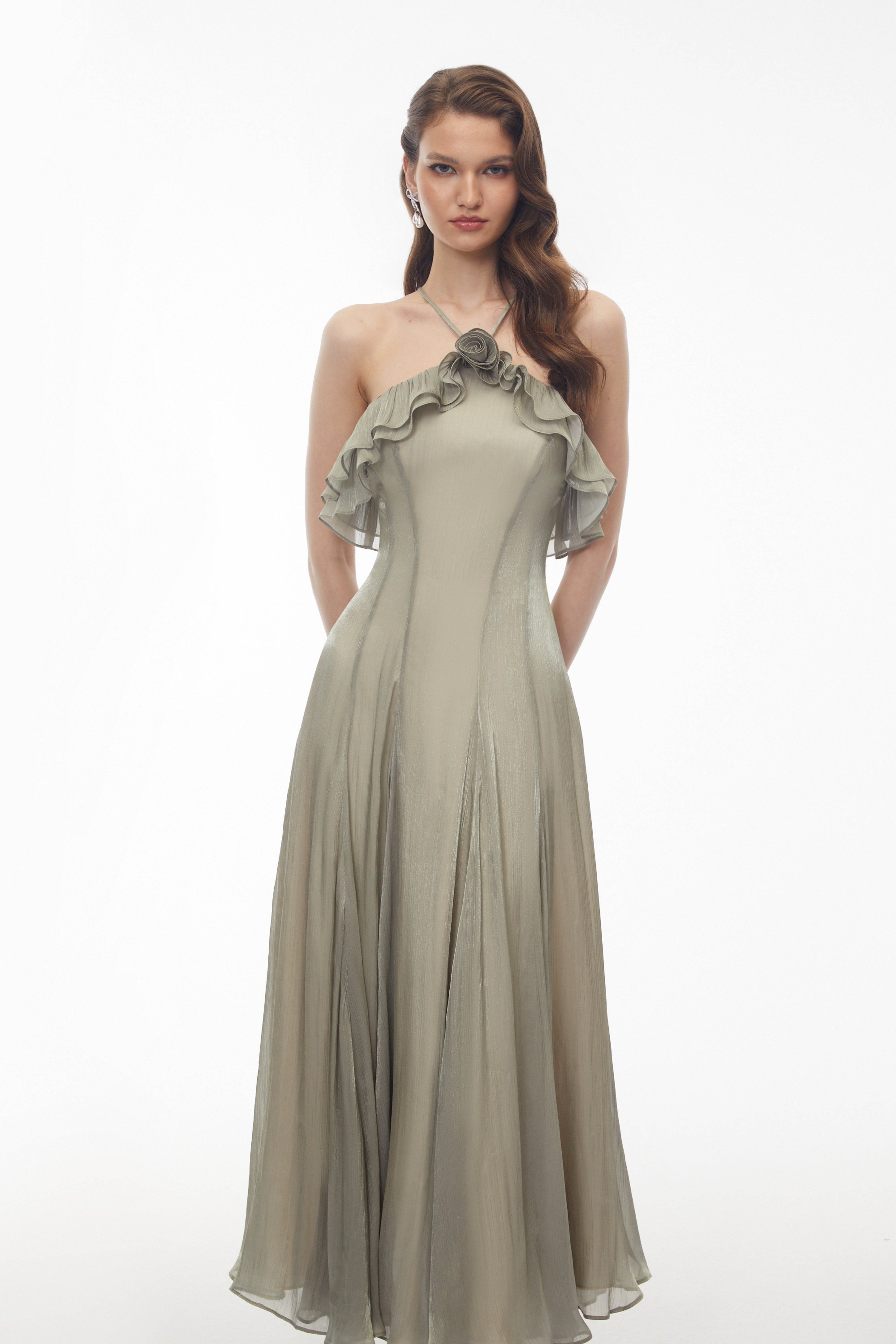 Bianka Green Pleated Maxi Dress with 3D Florals (Final Sale)