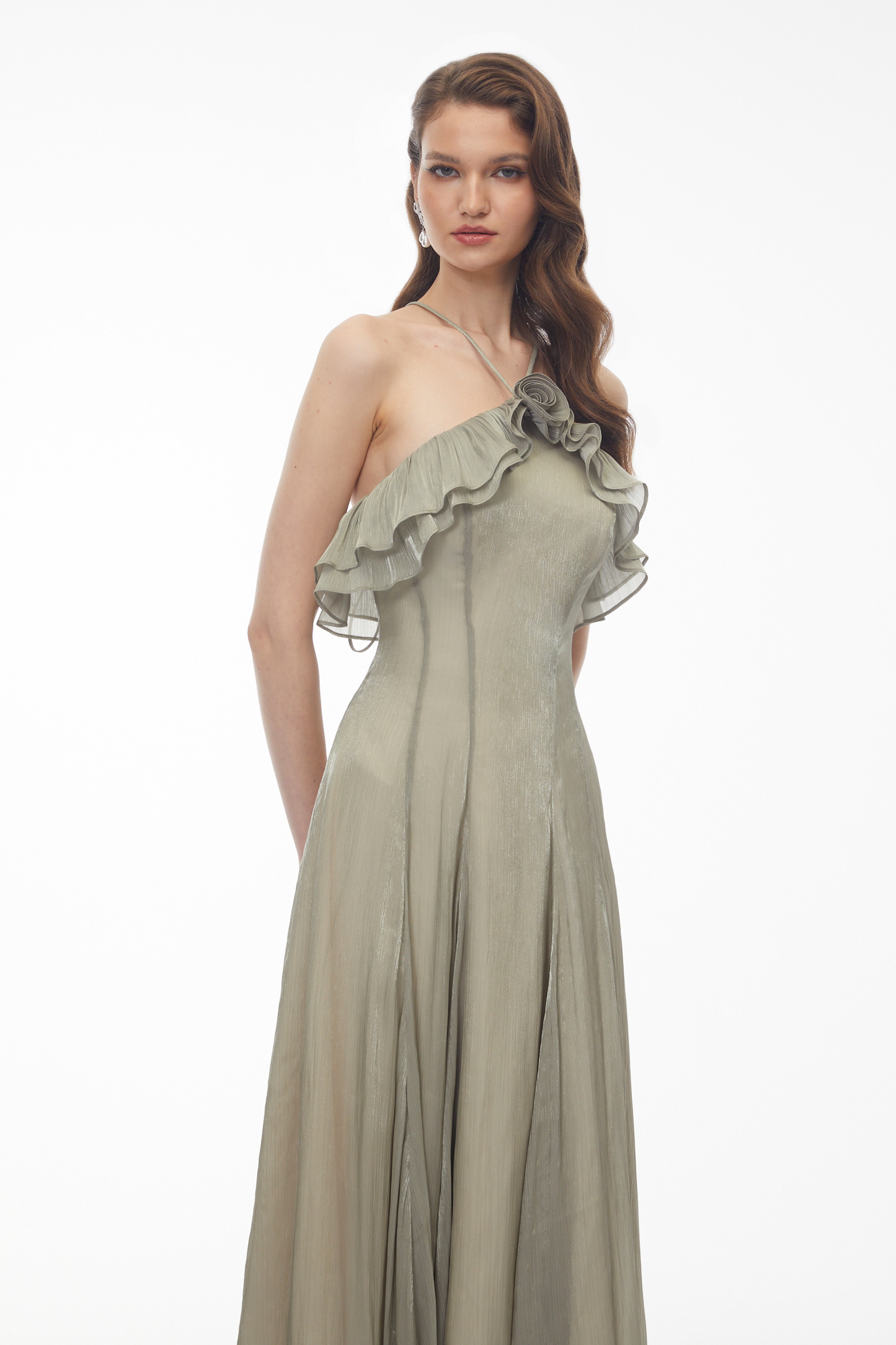 Bianka Green Pleated Maxi Dress with 3D Florals (Final Sale-US Only)