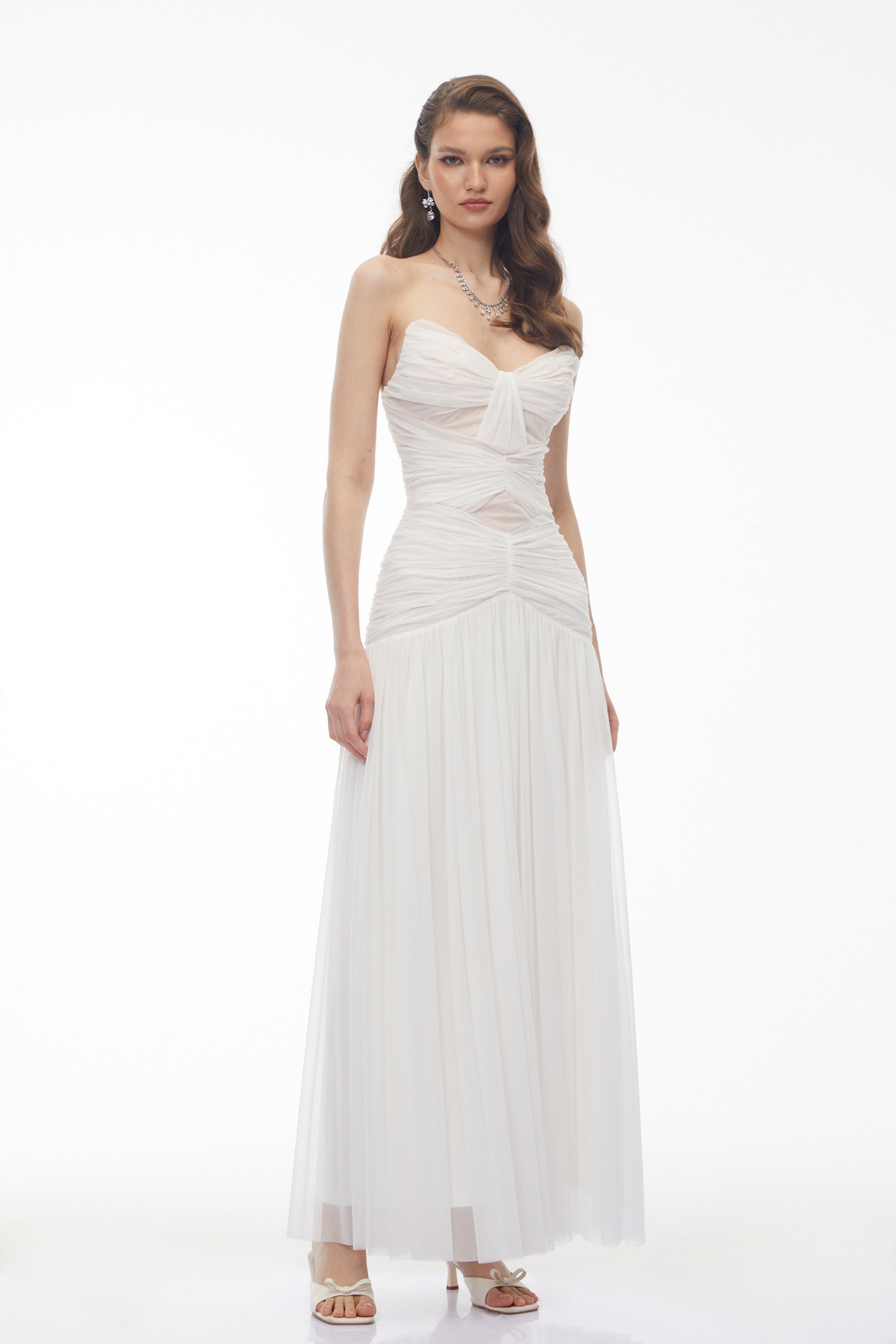 Bianka White Cross Front Ruched Maxi Dress (Final Sale-US Only)