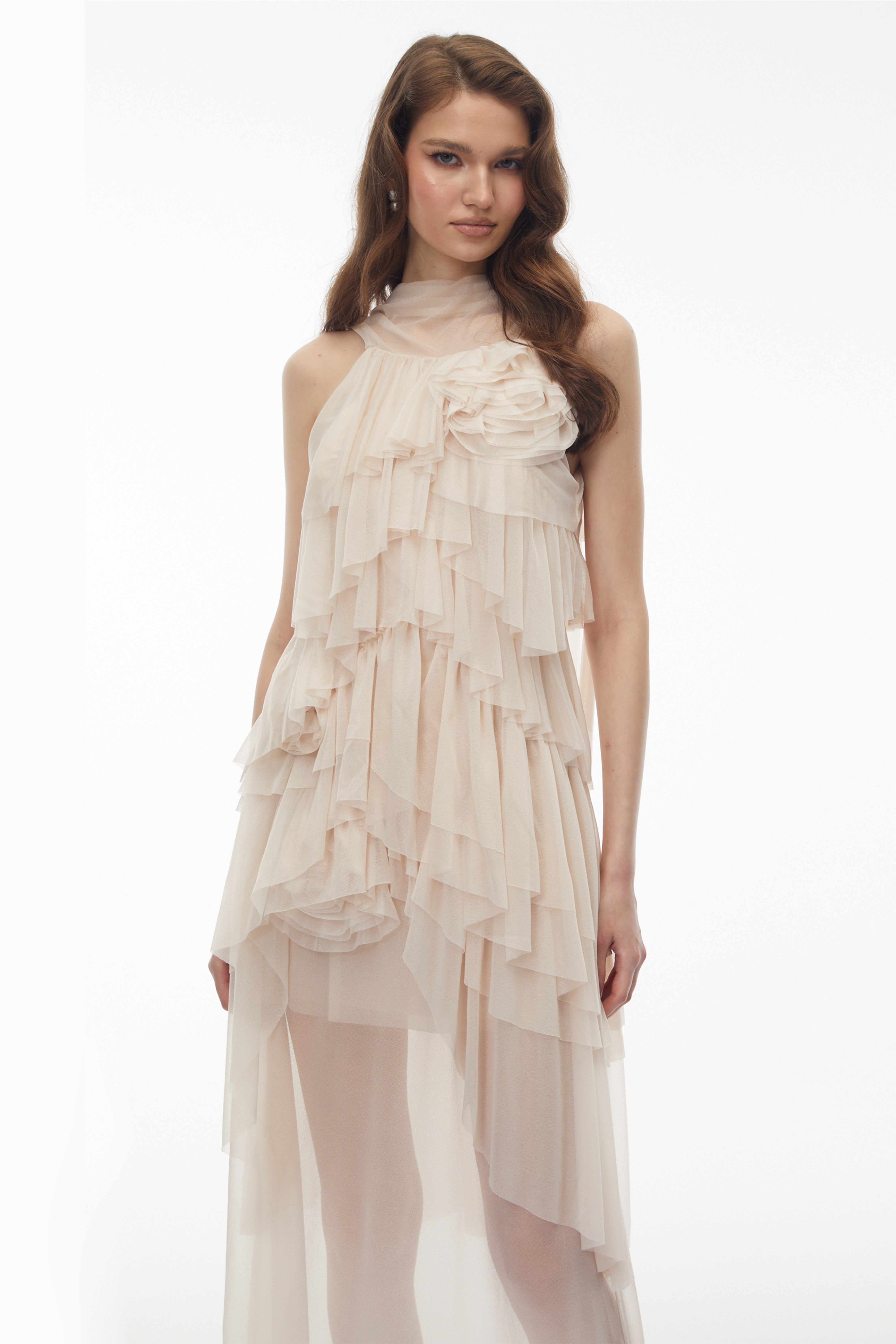 Blanche Neutral Floral Ruffled Maxi Dress (Final Sale-US Only)