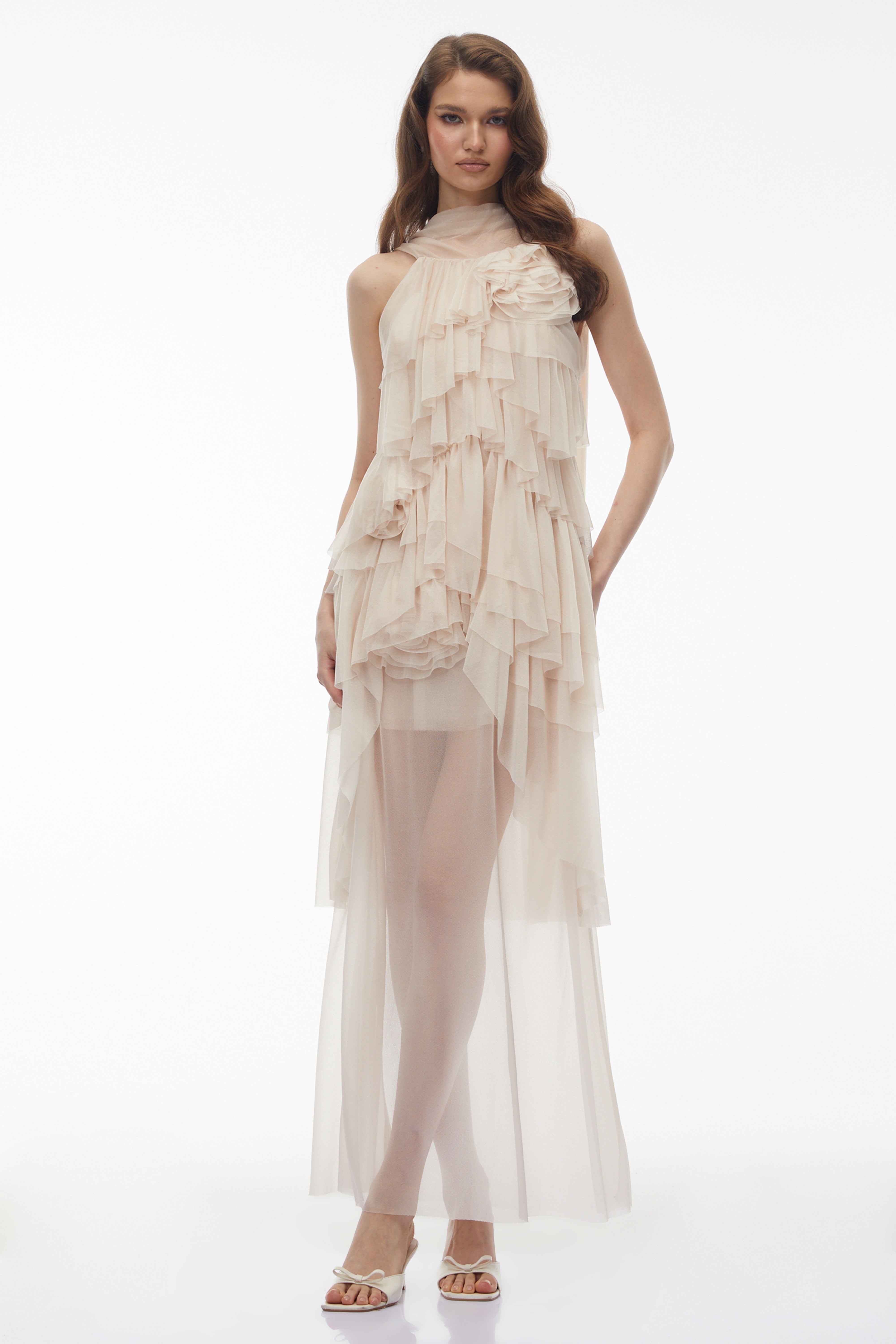 Blanche Neutral Floral Ruffled Maxi Dress (Final Sale-US Only)