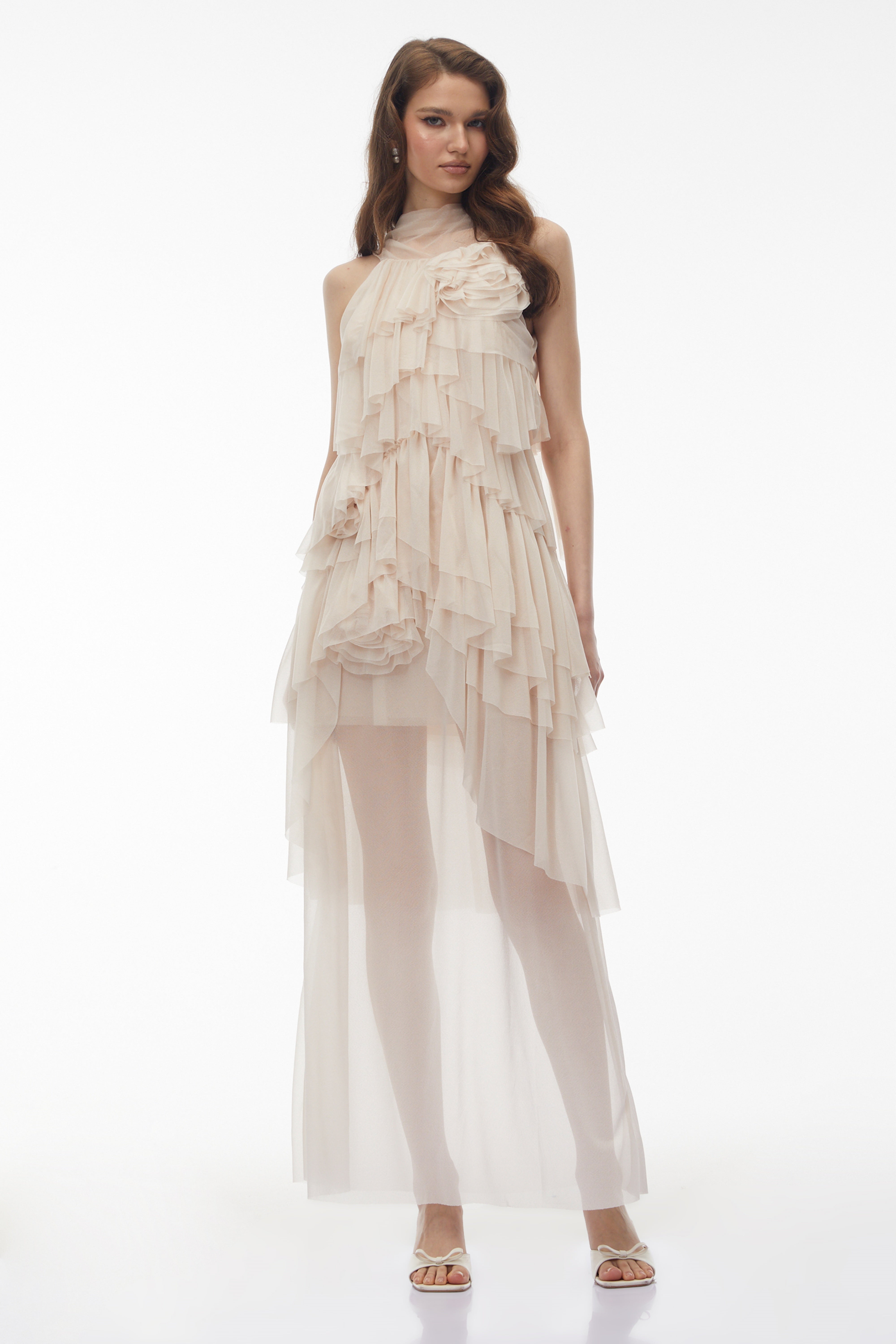 Blanche Neutral Floral Ruffled Maxi Dress (Final Sale-US Only)