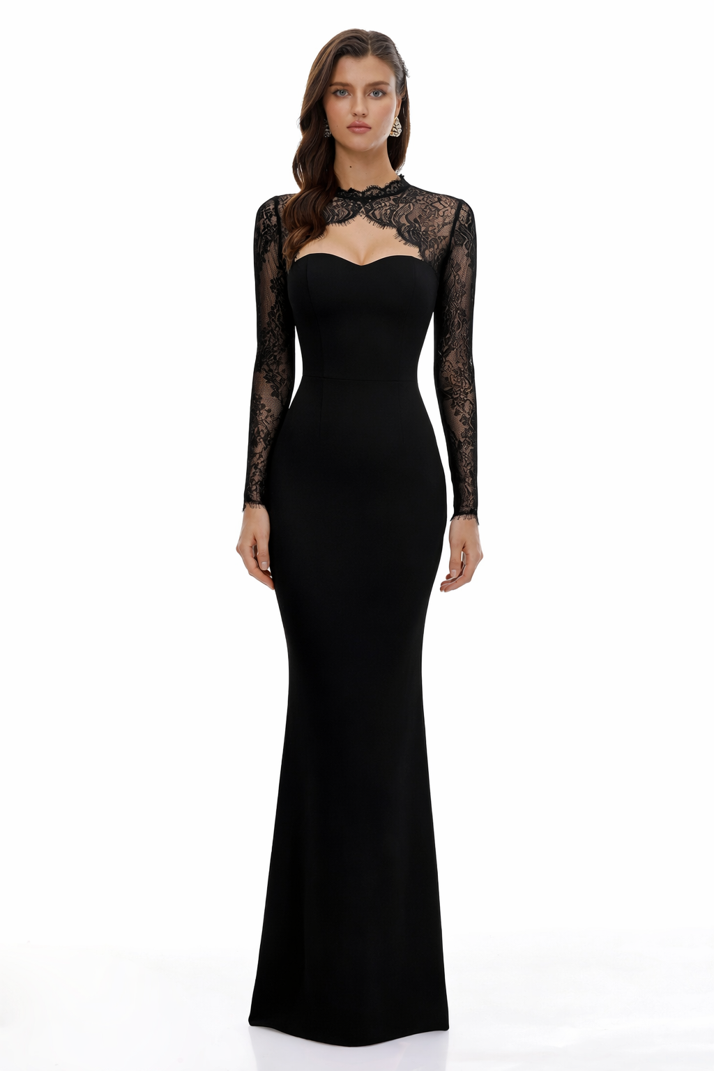 Black sweetheart maxi dress with a sheer lace high-neck overlay and long sleeves