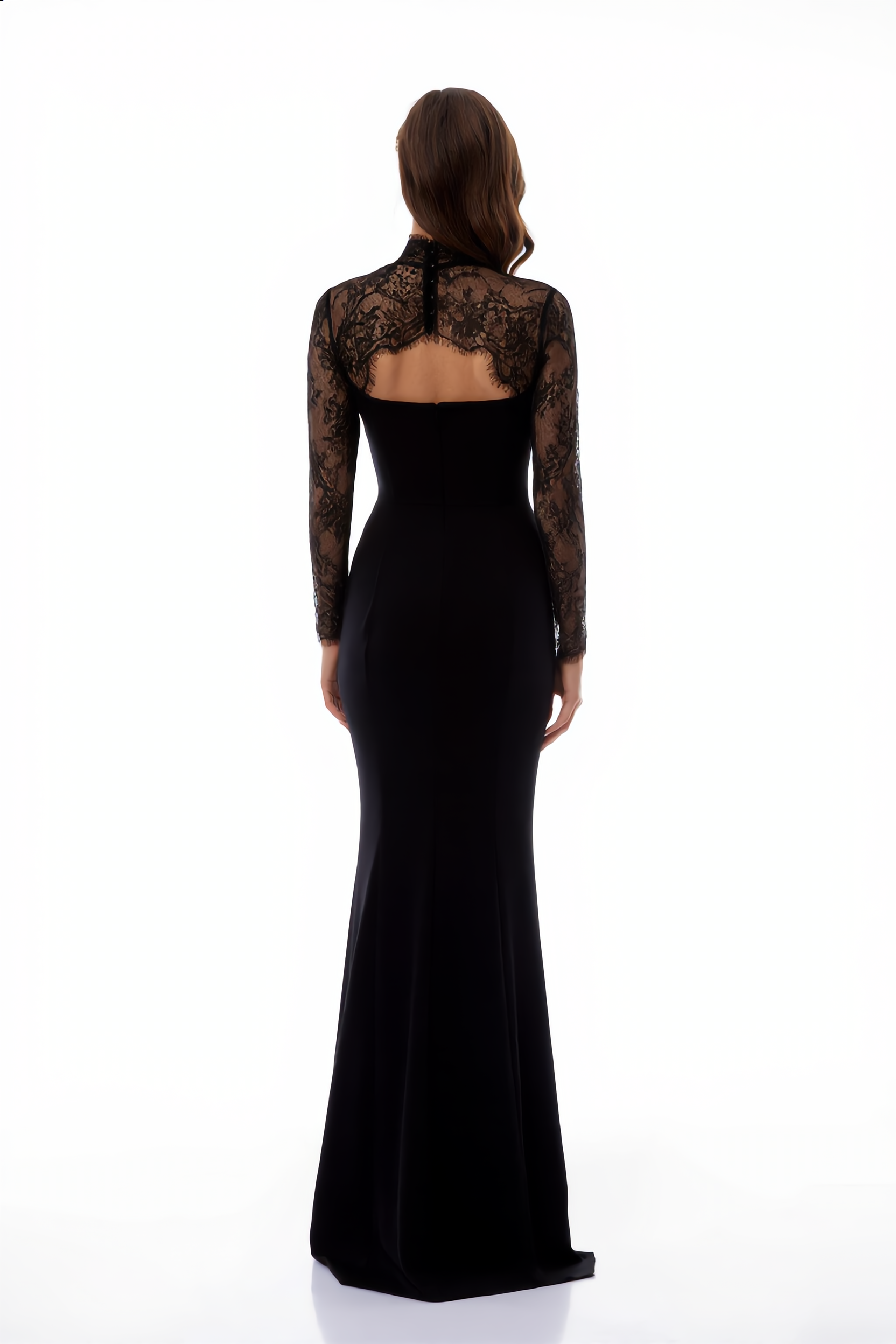 Black sweetheart maxi dress with a sheer lace high-neck overlay and long sleeves