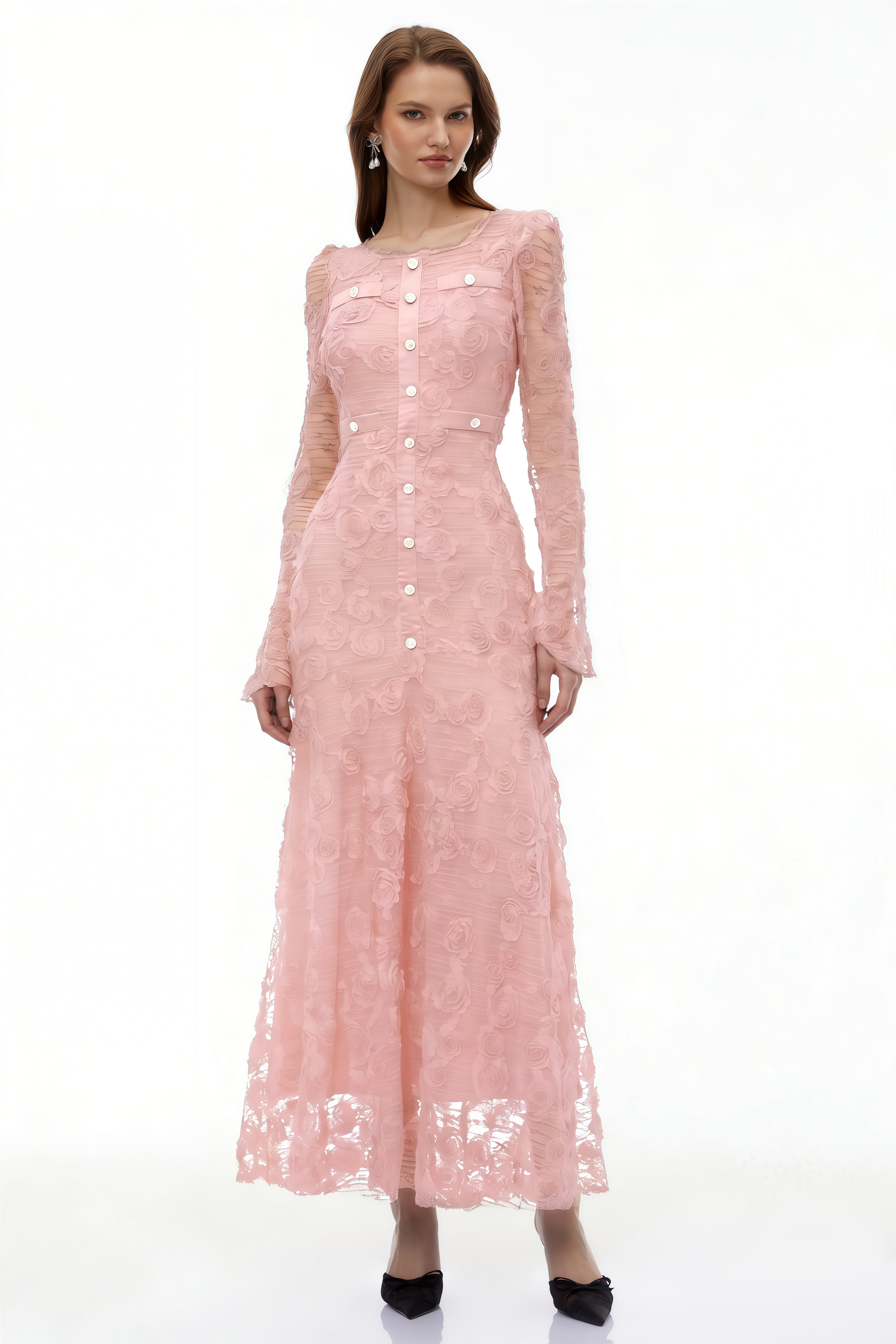 Branwen Pink 3D-Floral Embroidered Lace Maxi Dress (Final Sale-US Only)