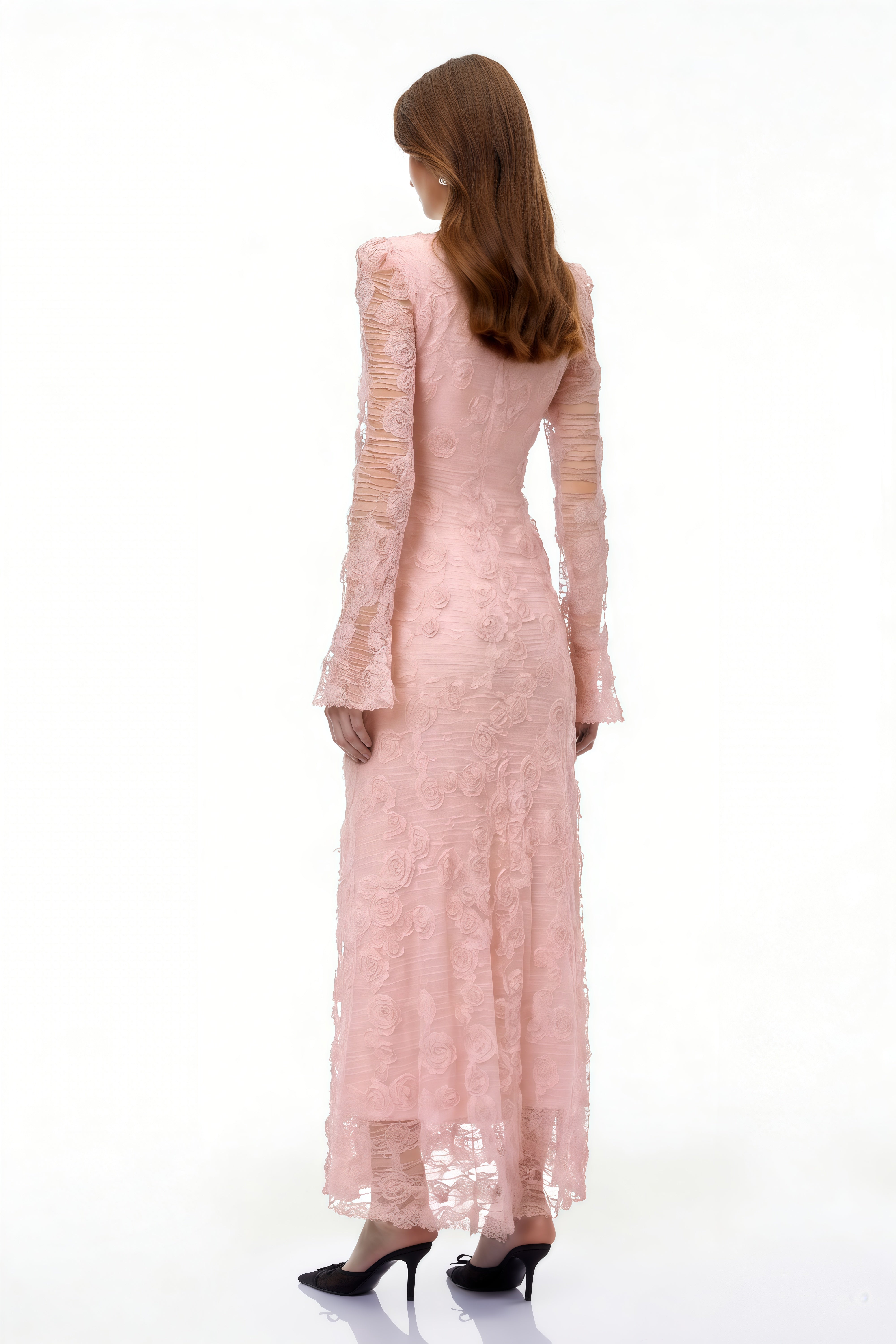 Branwen Pink 3D-Floral Embroidered Lace Maxi Dress (Final Sale-US Only)