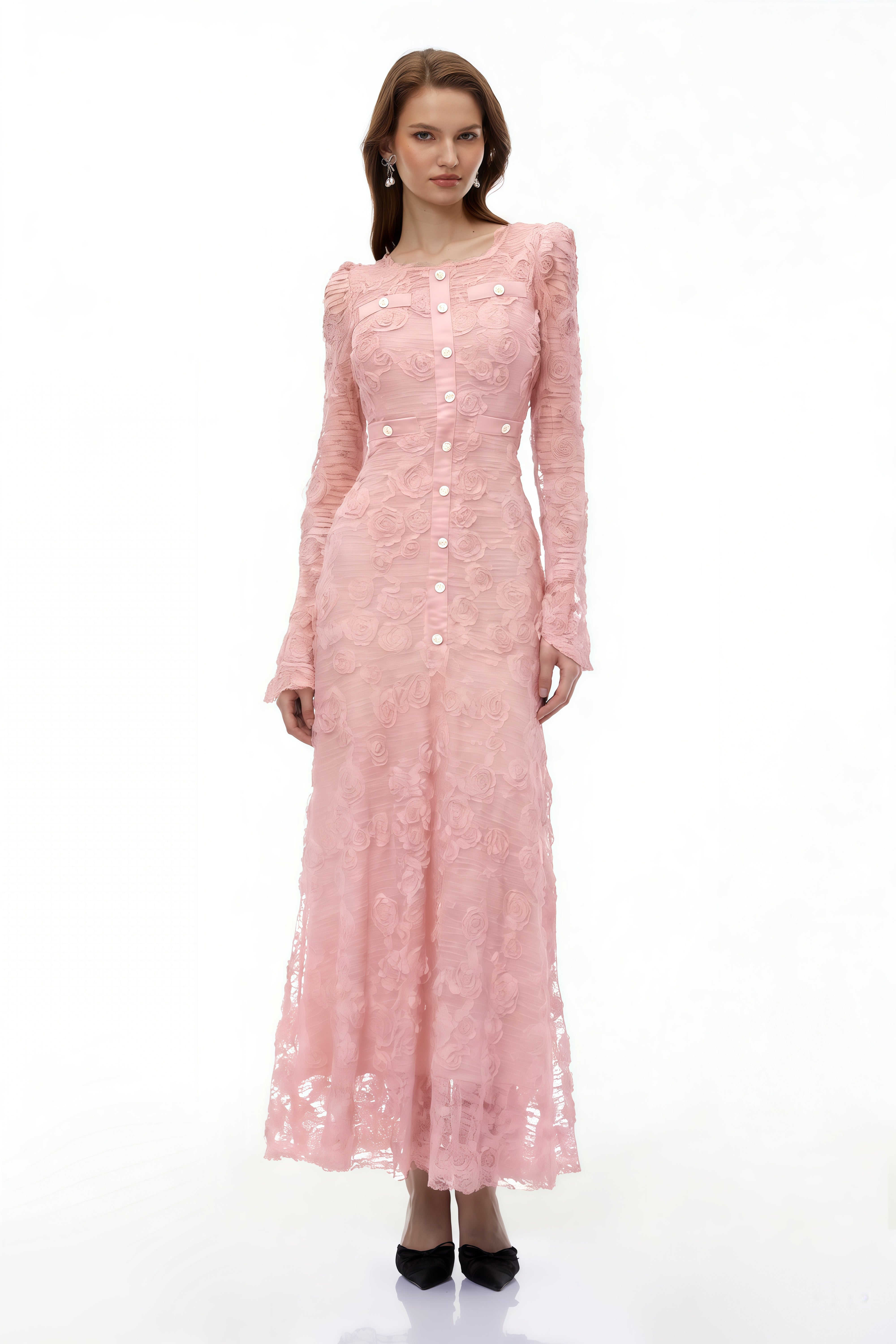 Branwen Pink 3D-Floral Embroidered Lace Maxi Dress (Final Sale-US Only)