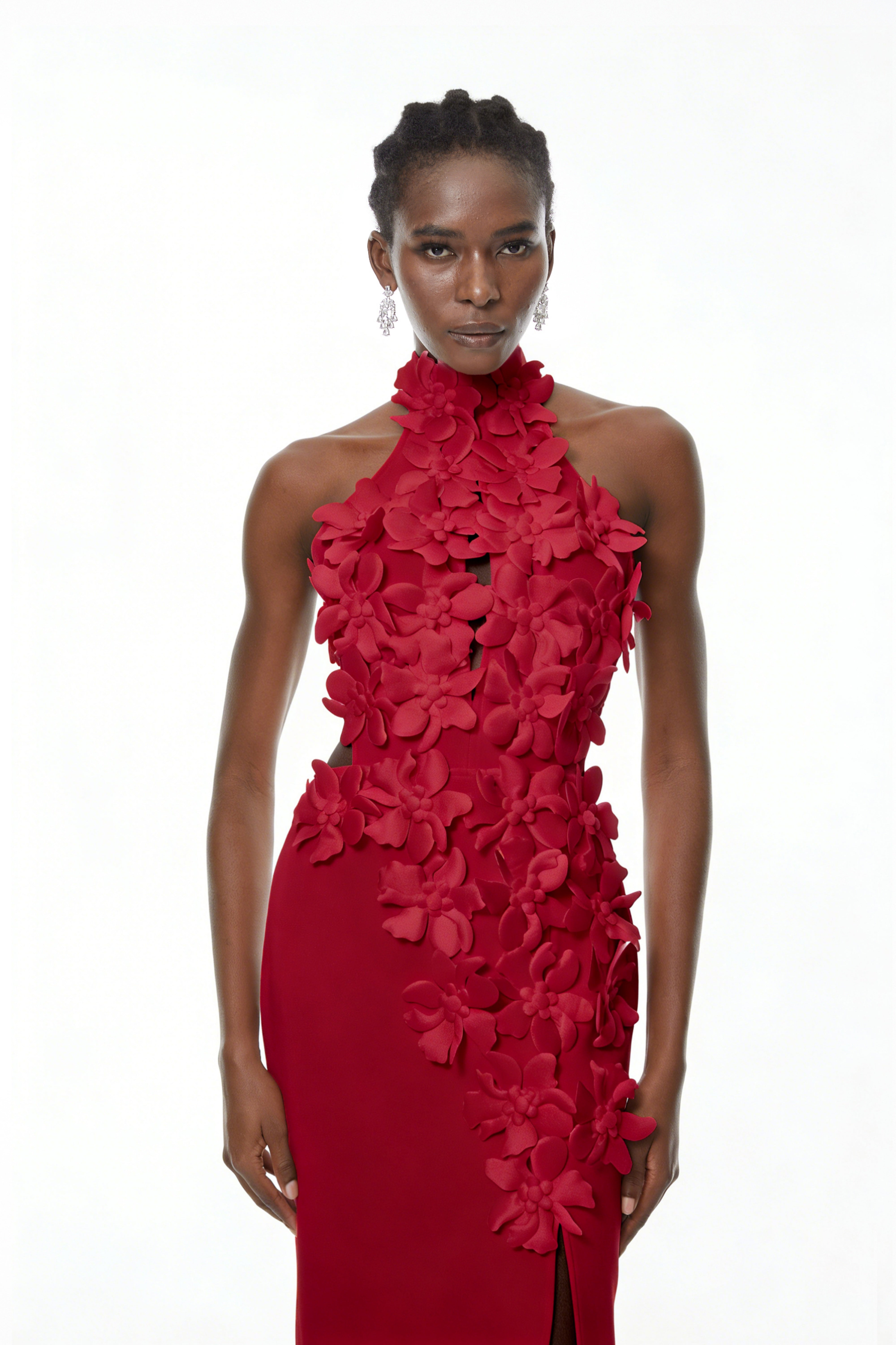 Brian Red Halterneck 3D Petal Maxi Dress (Final Sale-US Only)