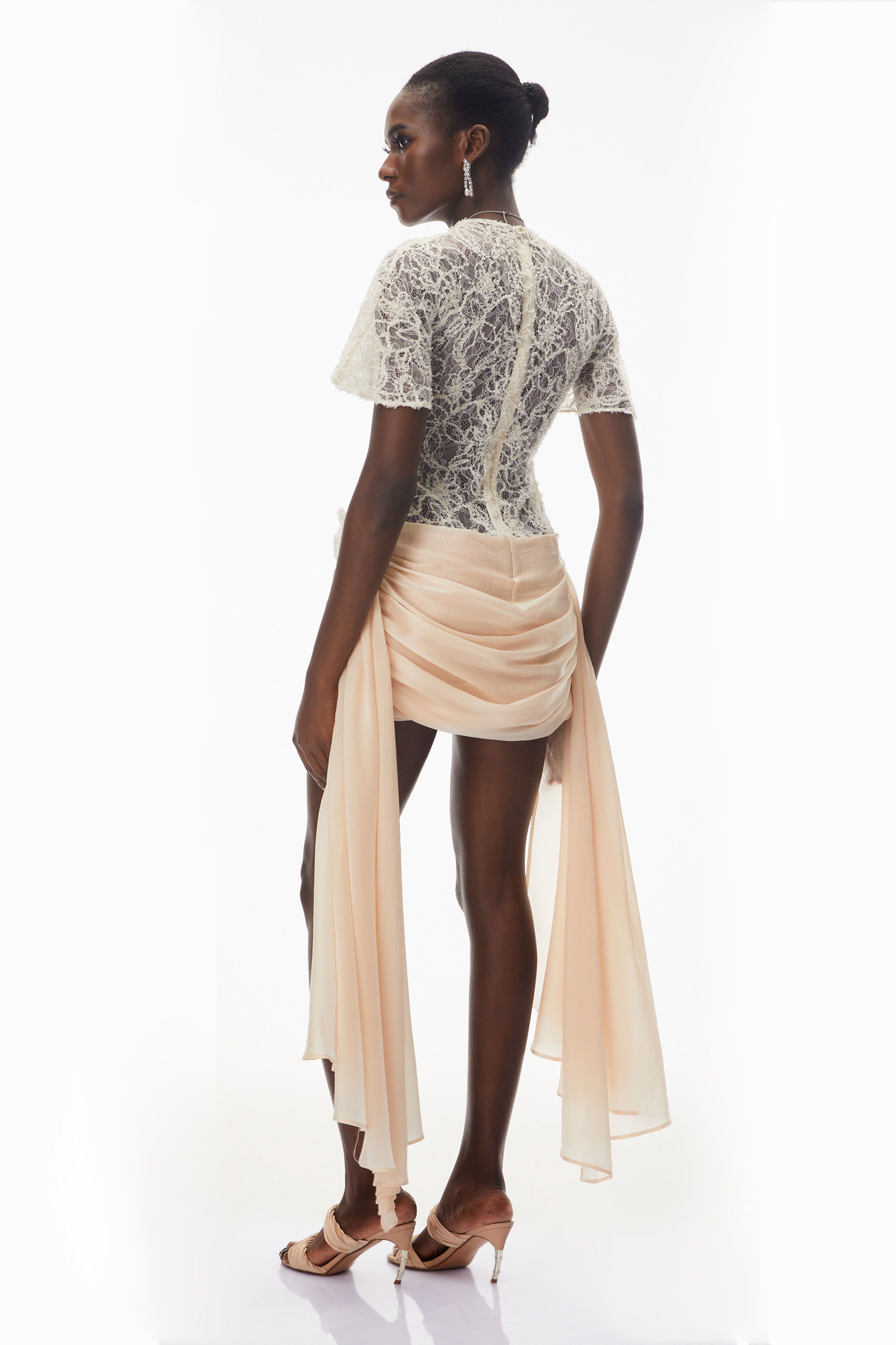 Briseis Neutral Satin Mini Dress with Floral Lace (Final Sale)